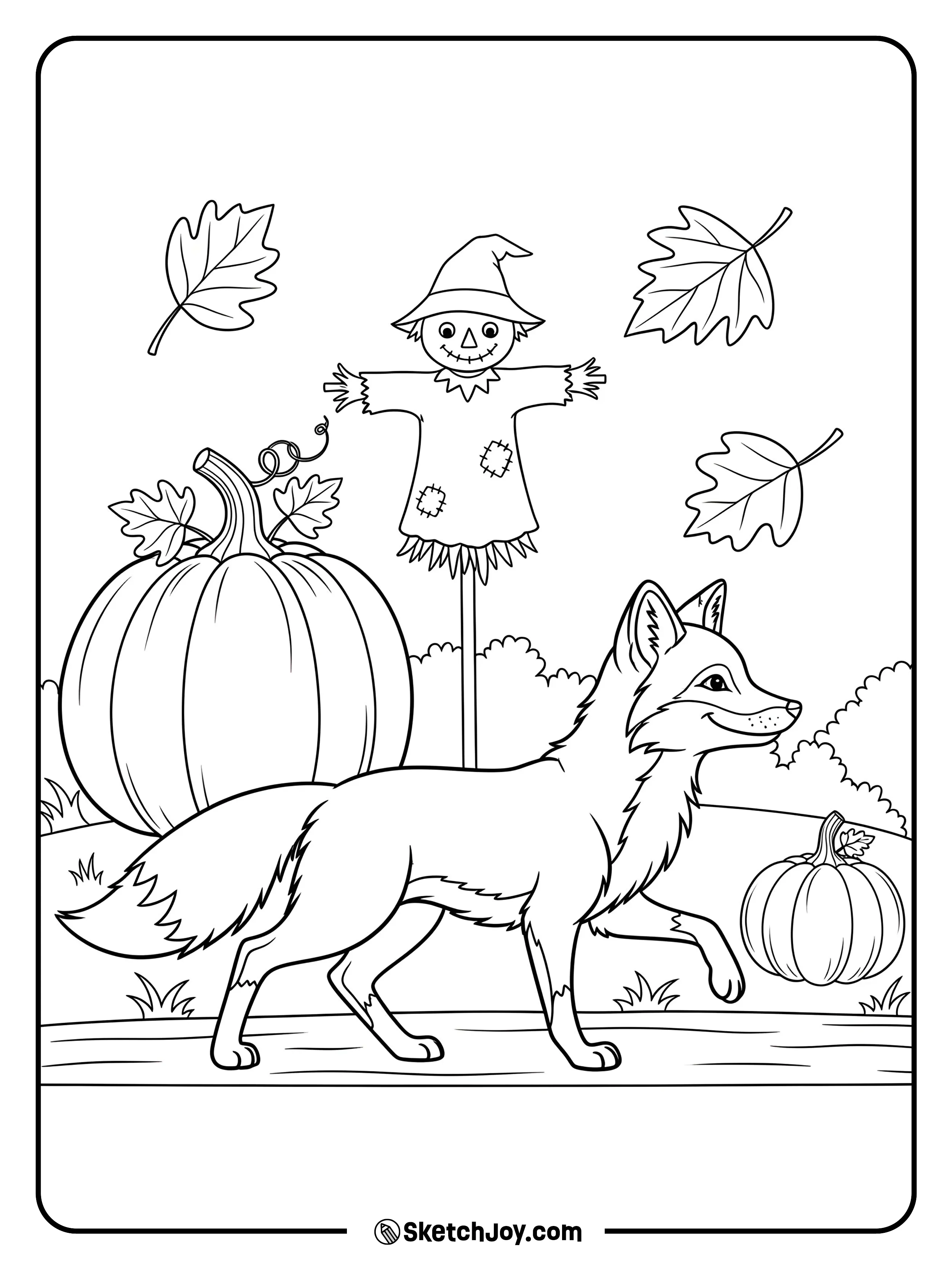 A fox walks through a pumpkin patch with one scarecrow and fallen leaves.