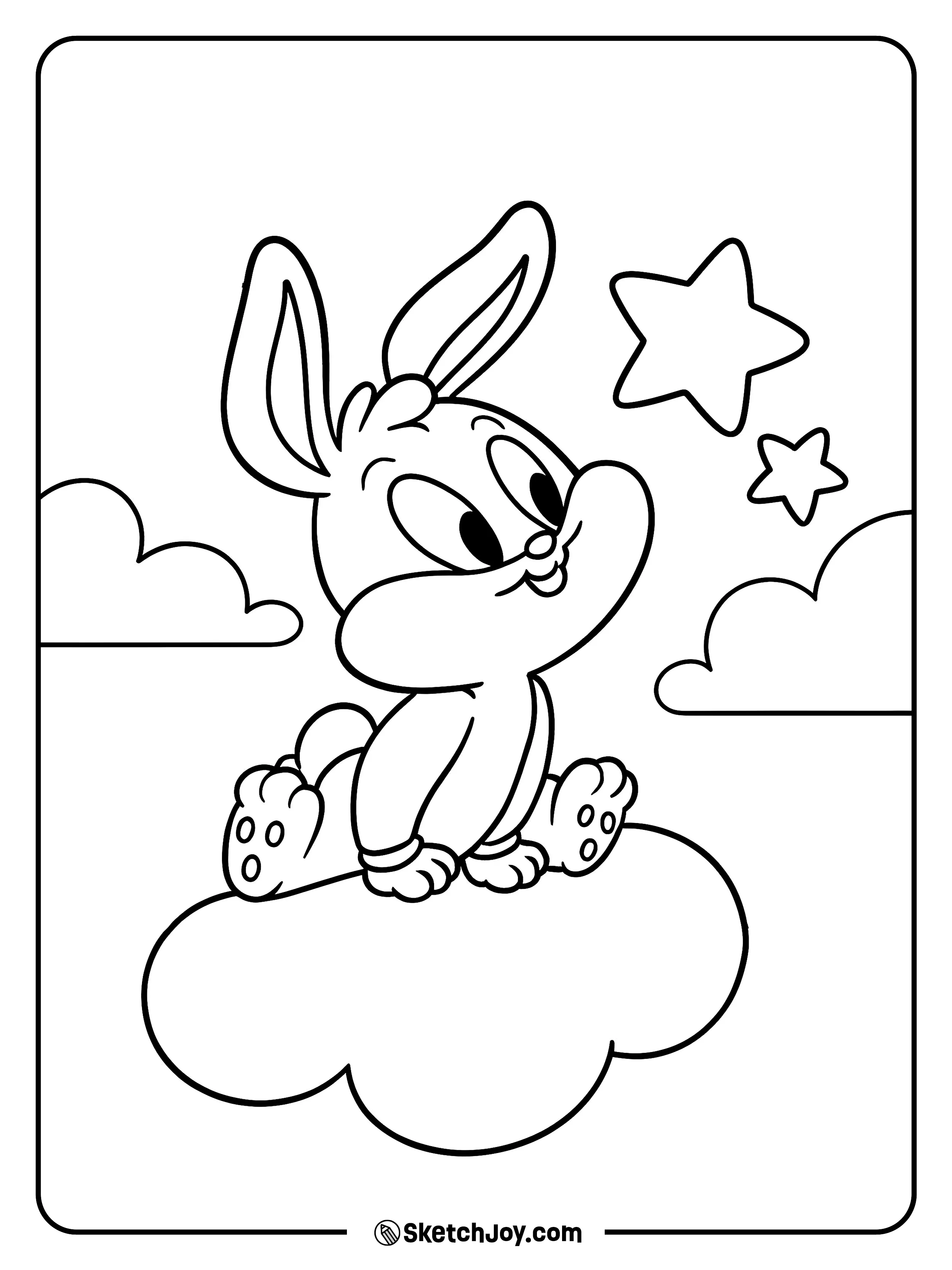 Baby Bugs Bunny sits on a fluffy cloud and gazes at bright stars.