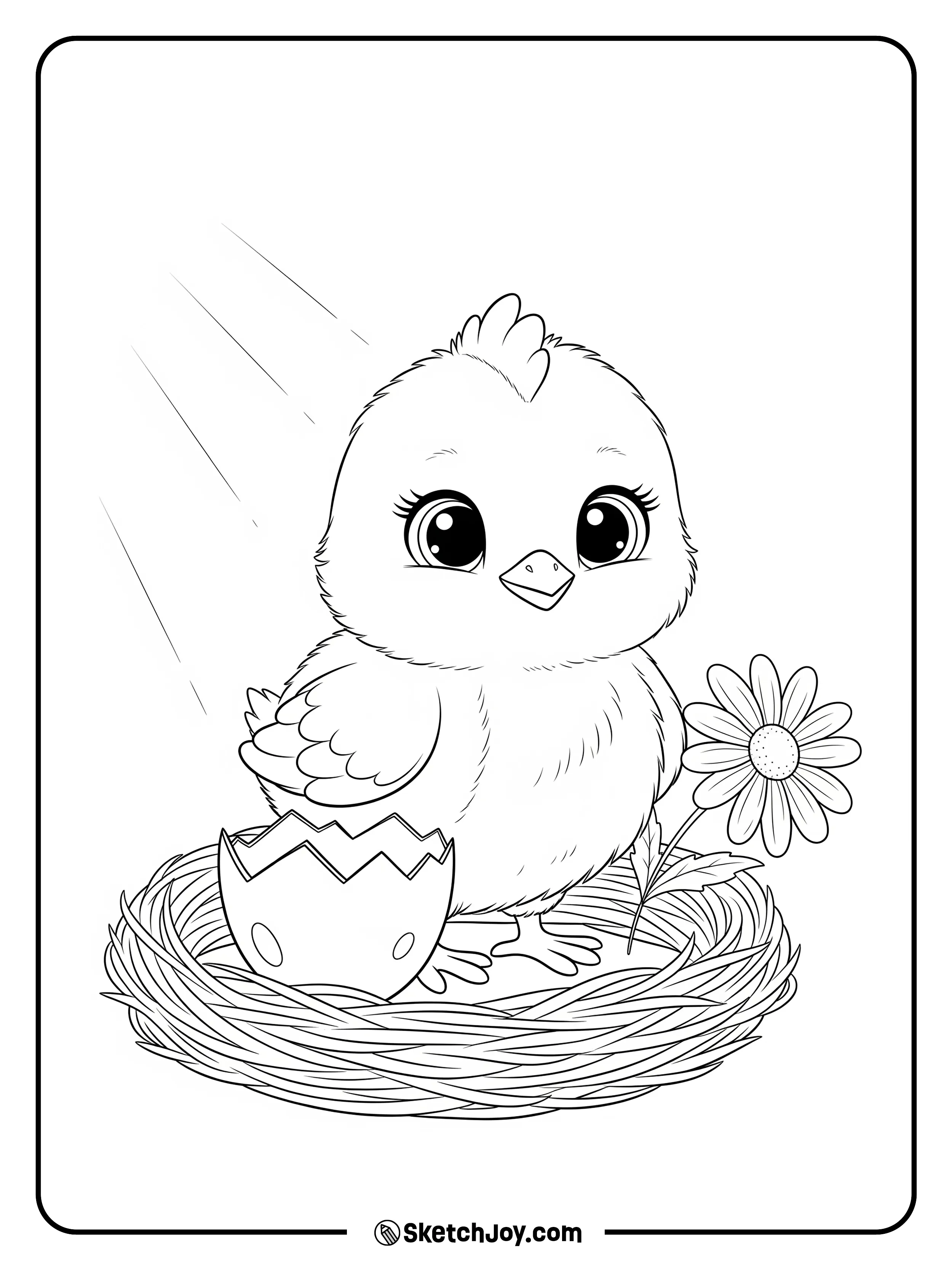 A cute chick pops out of a cracked shell.