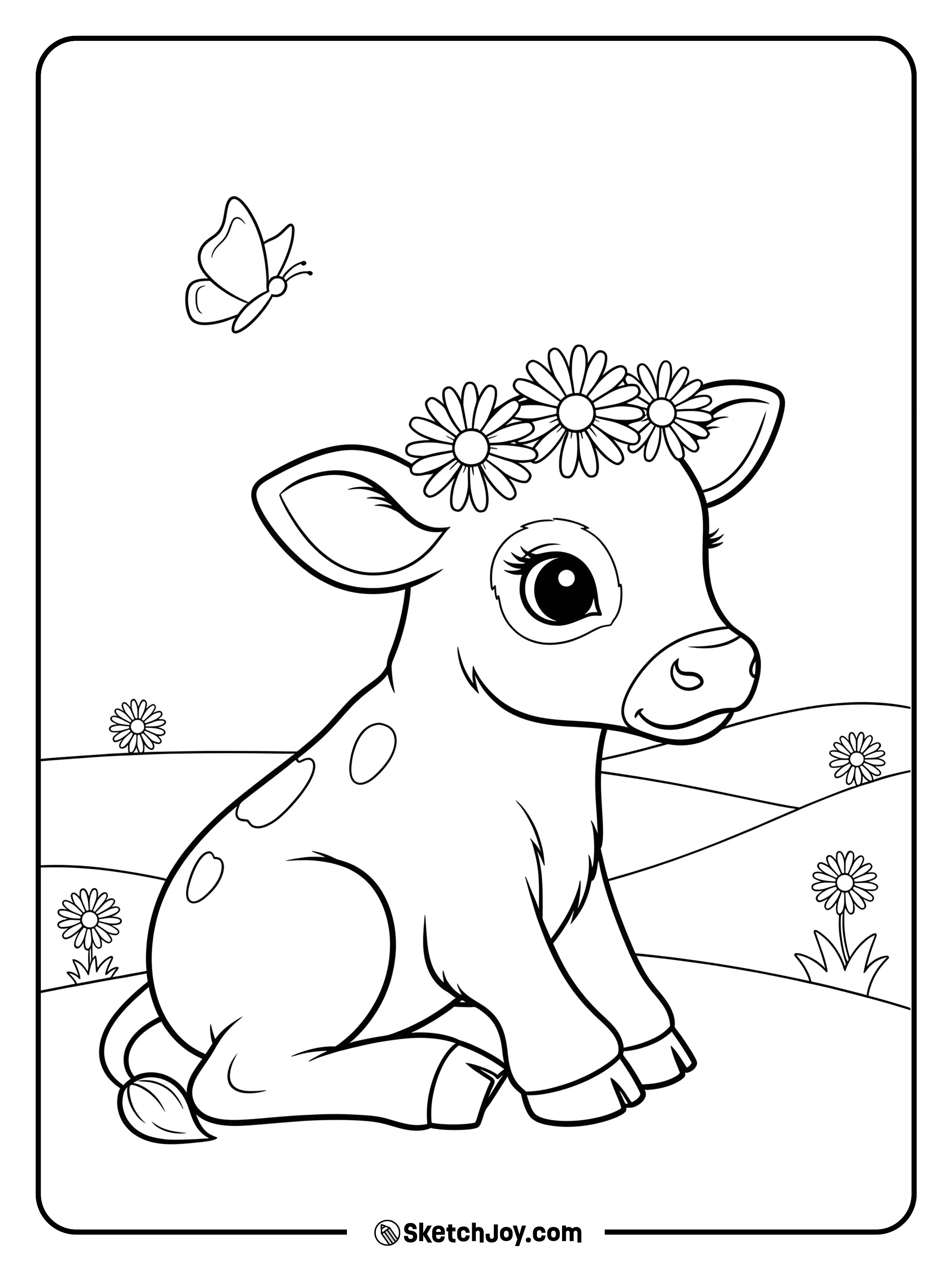 A small calf sits with a simple daisy crown, smiling softly.