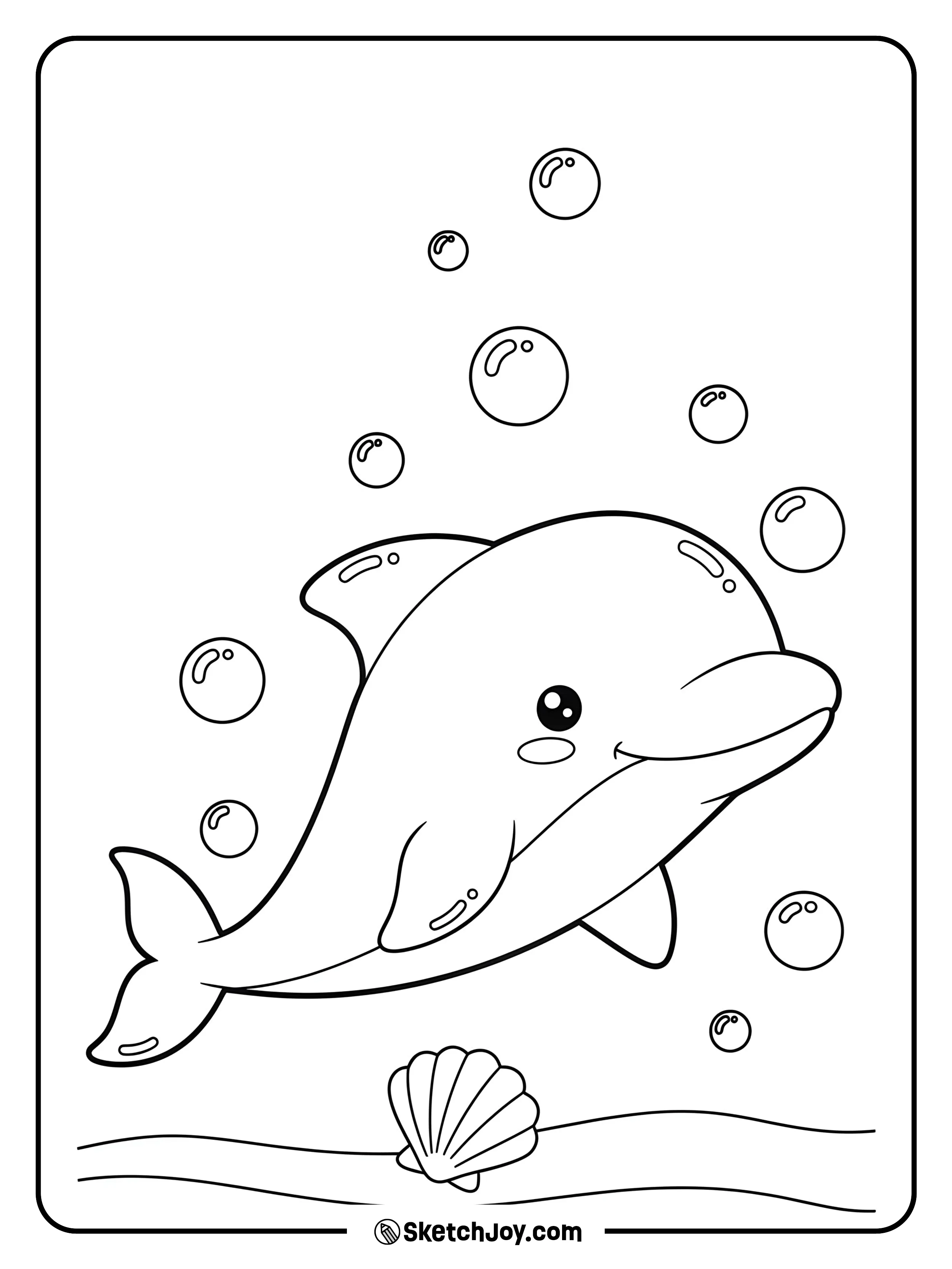 A baby dolphin swims with a trail of round bubbles and a tiny shell below.