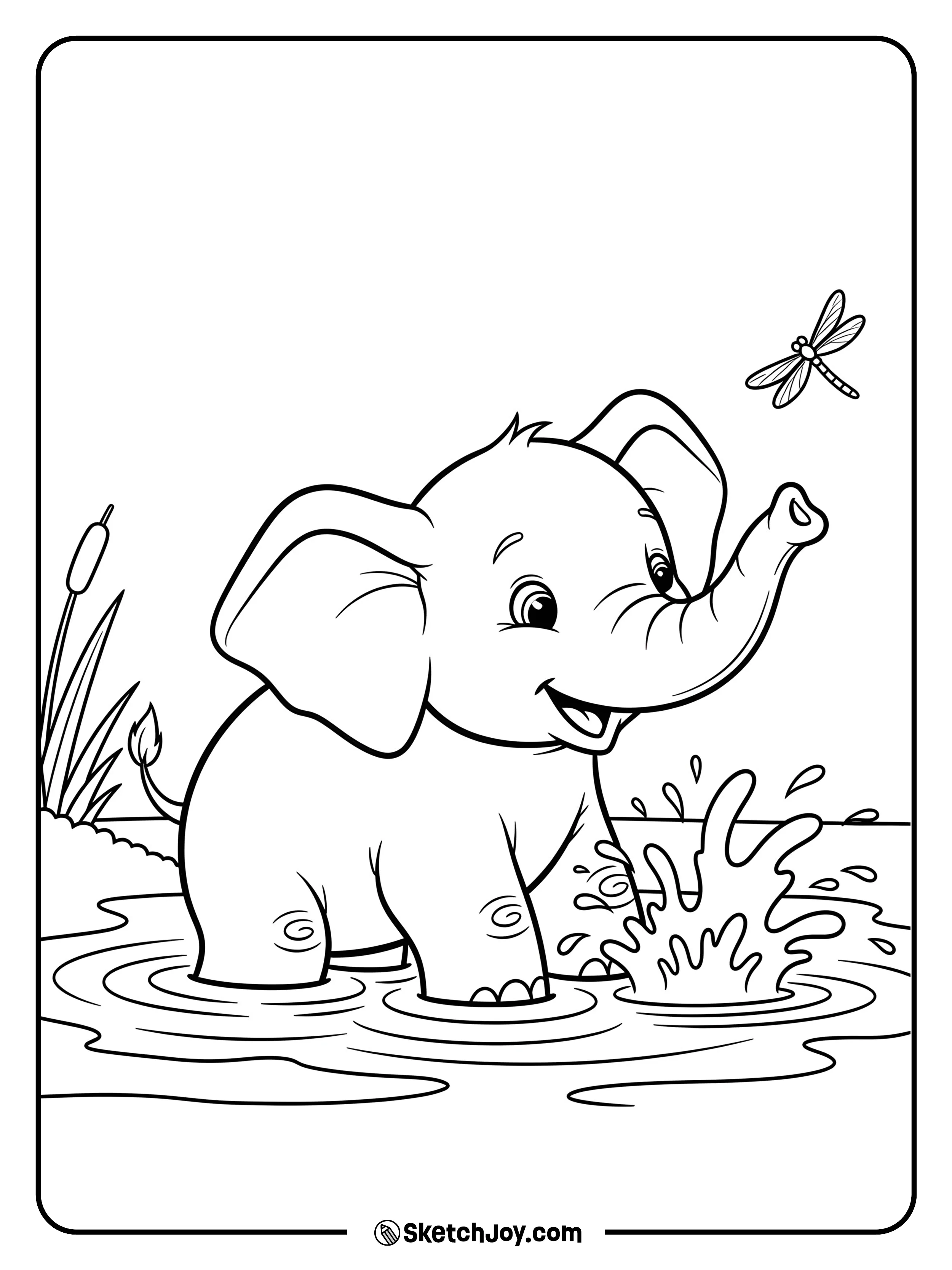 A playful baby splashes in a shallow puddle with reeds and a dragonfly nearby.
