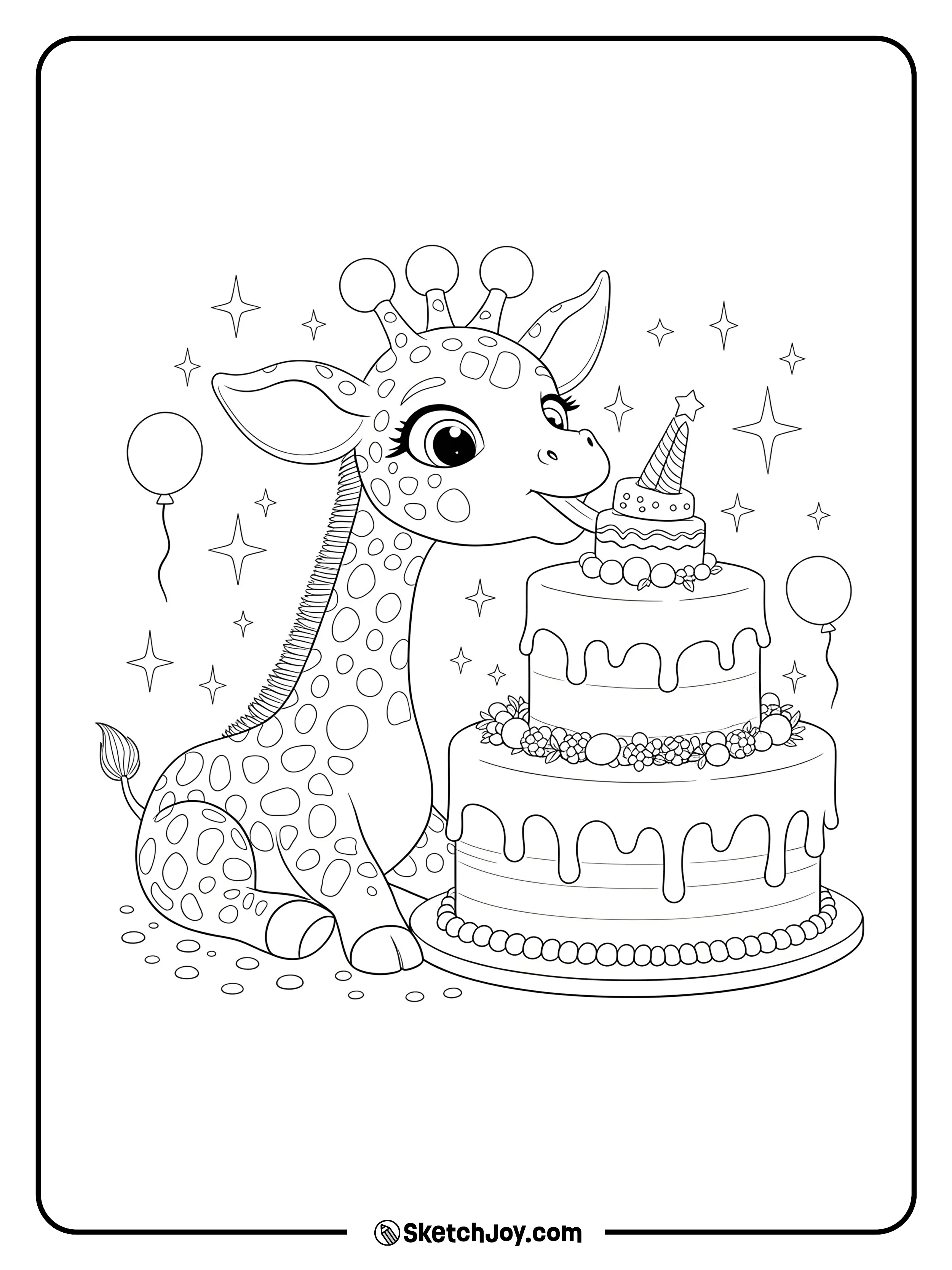 A baby giraffe tastes the frosting on a big party cake.