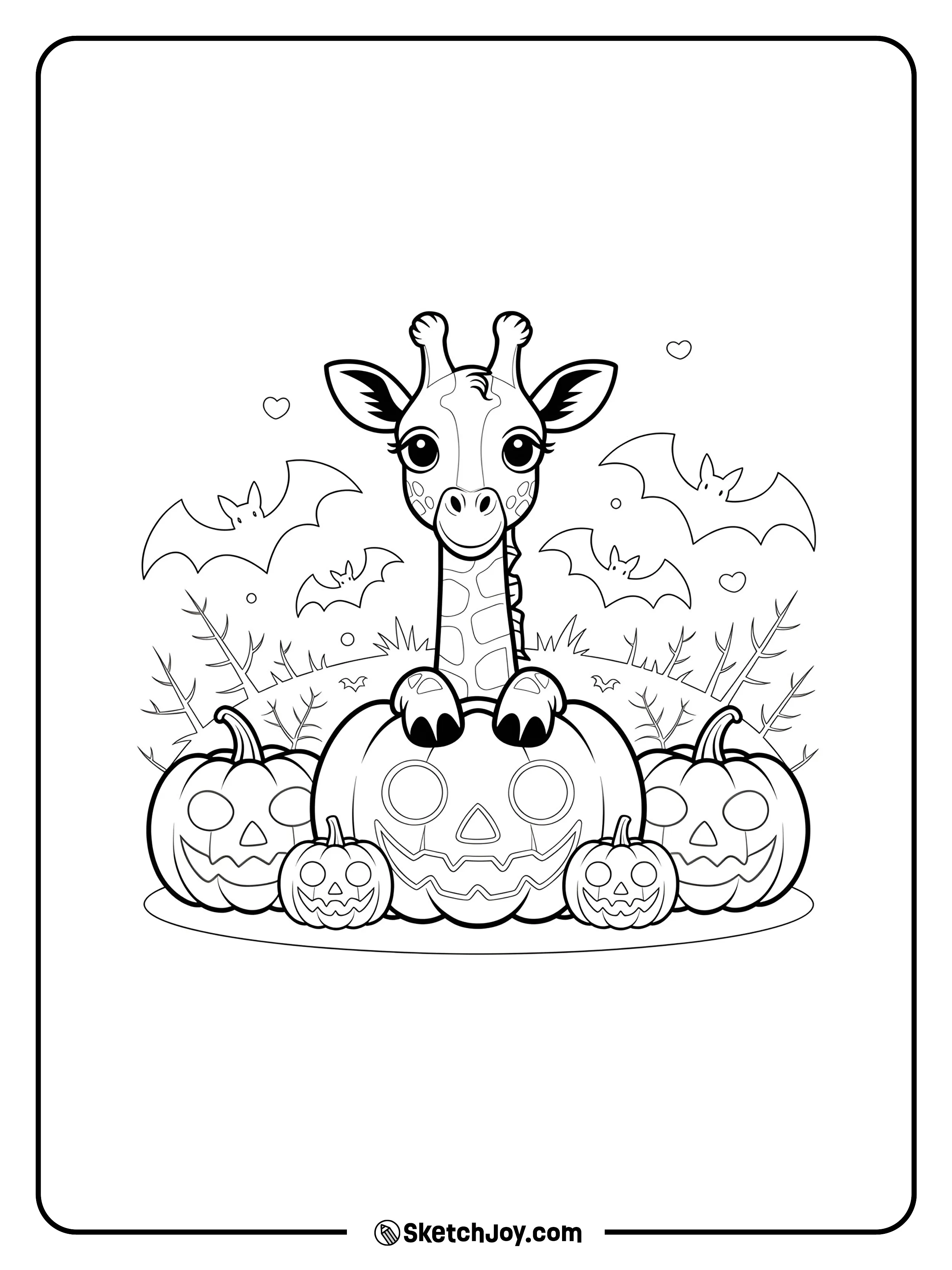 A baby giraffe leans on a giant jack-o’-lantern as bats glide overhead.