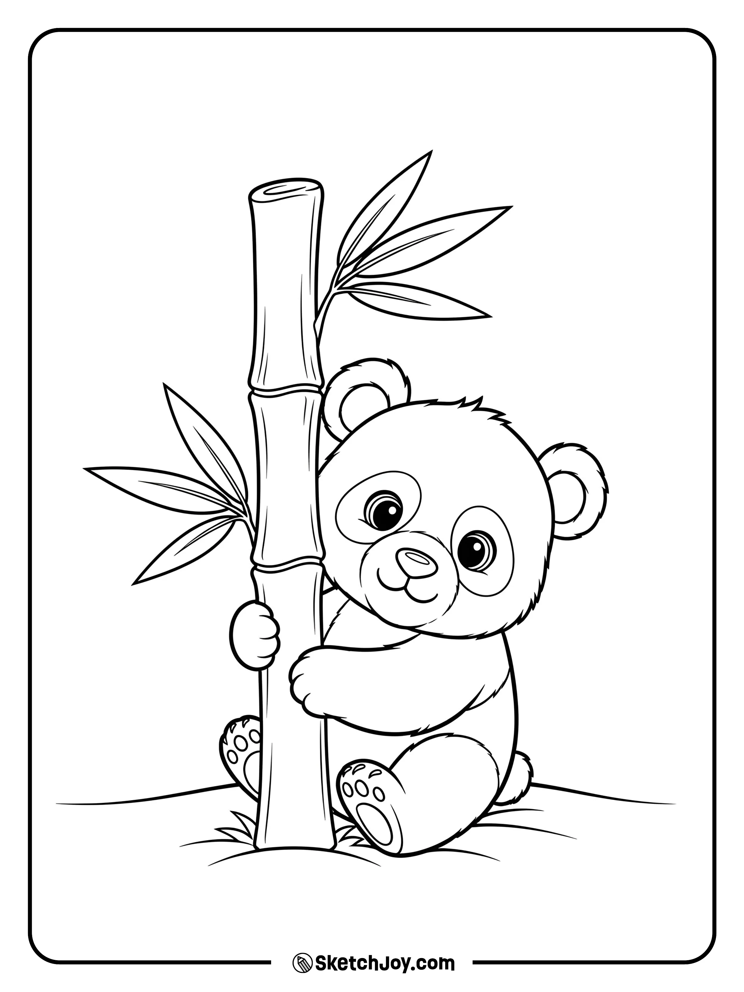A small panda peeks from behind bamboo.
