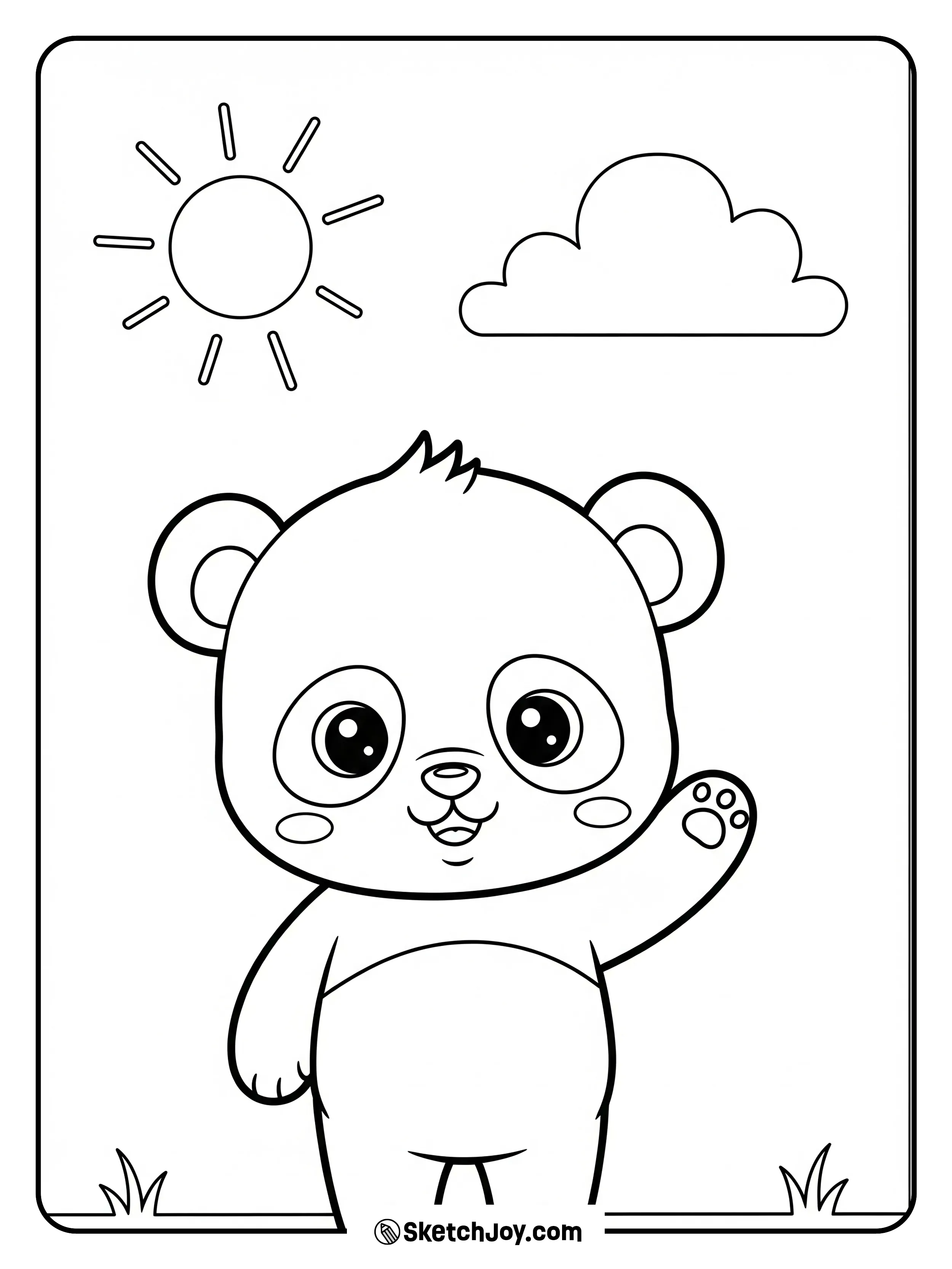 A tiny panda waves with a big smile.
