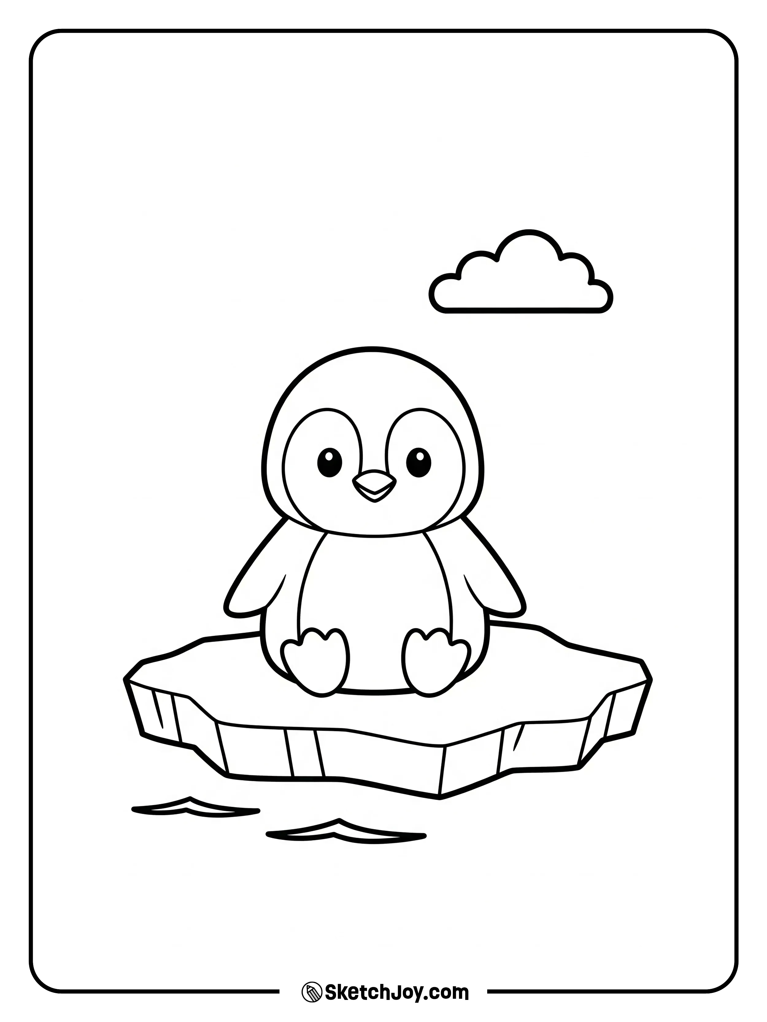 A tiny penguin sits on a small ice floe and looks around.