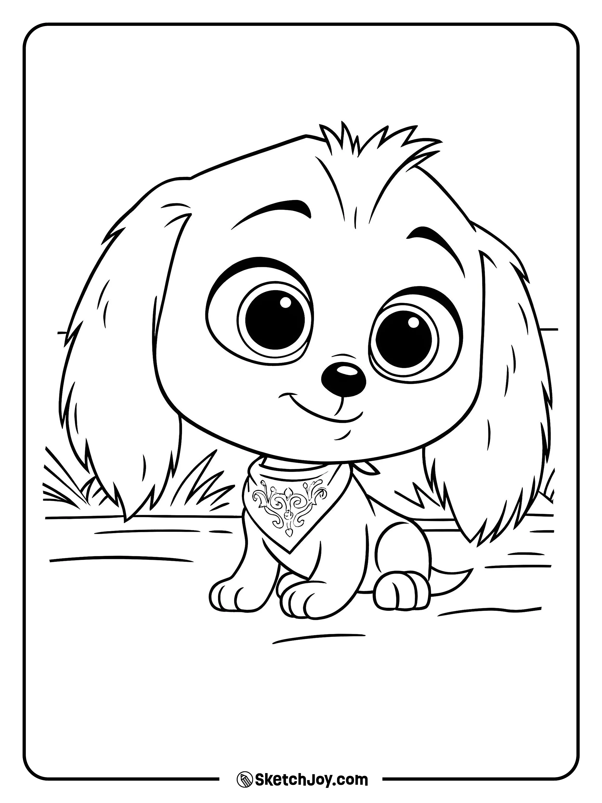 Baby Skye sits happily with big sparkling eyes and a cute bandana.