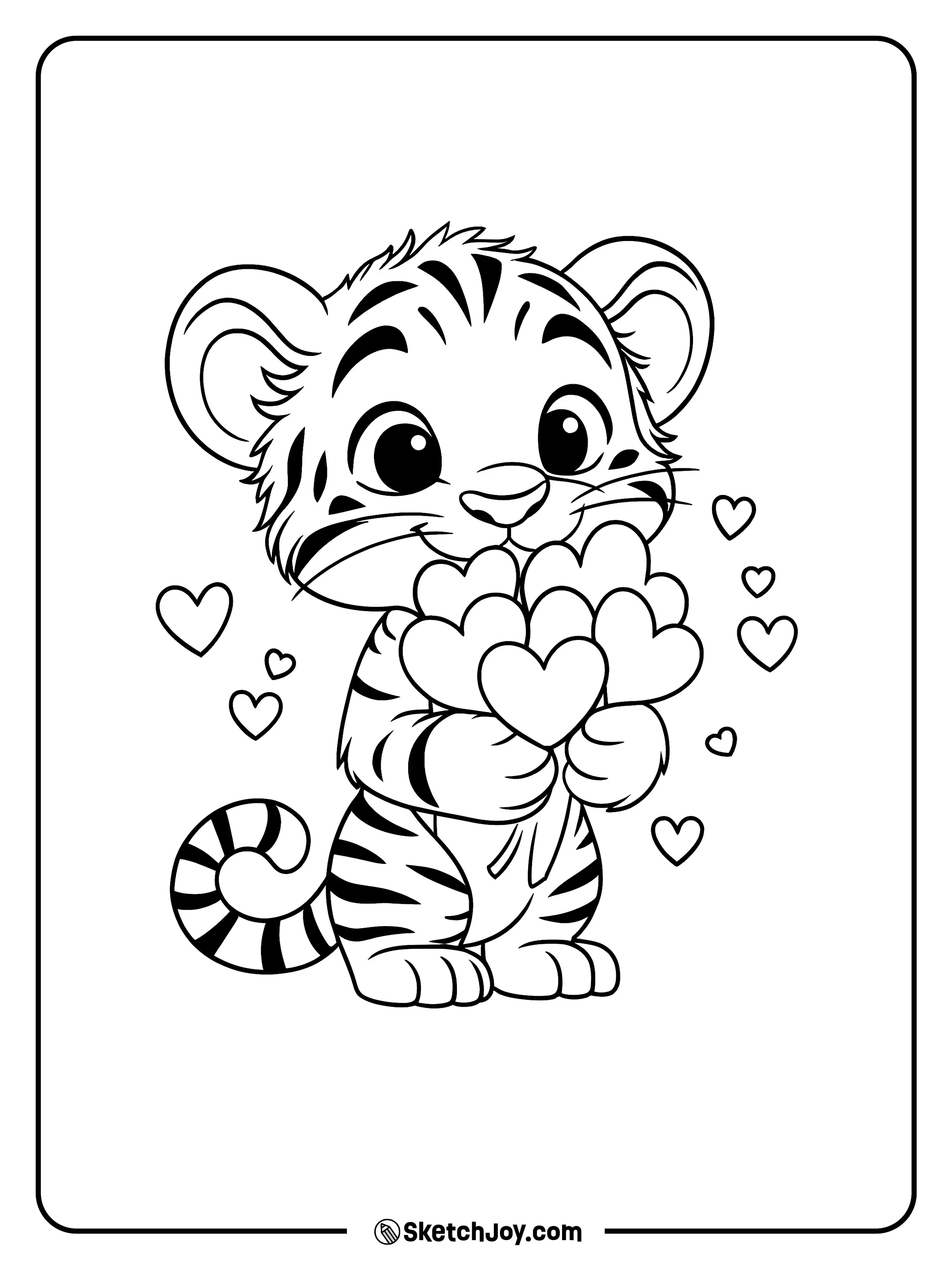 A cute tiger cub smiles while holding a bunch of heart-shaped flowers.