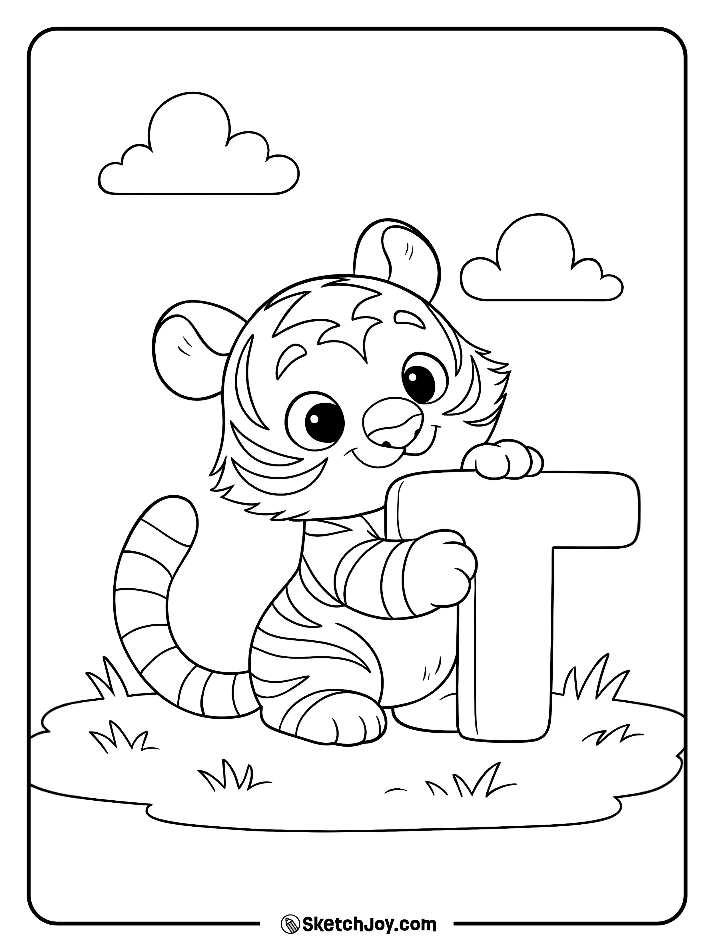 A cute baby tiger hugs a big letter T on a grassy patch. Two small clouds float above.