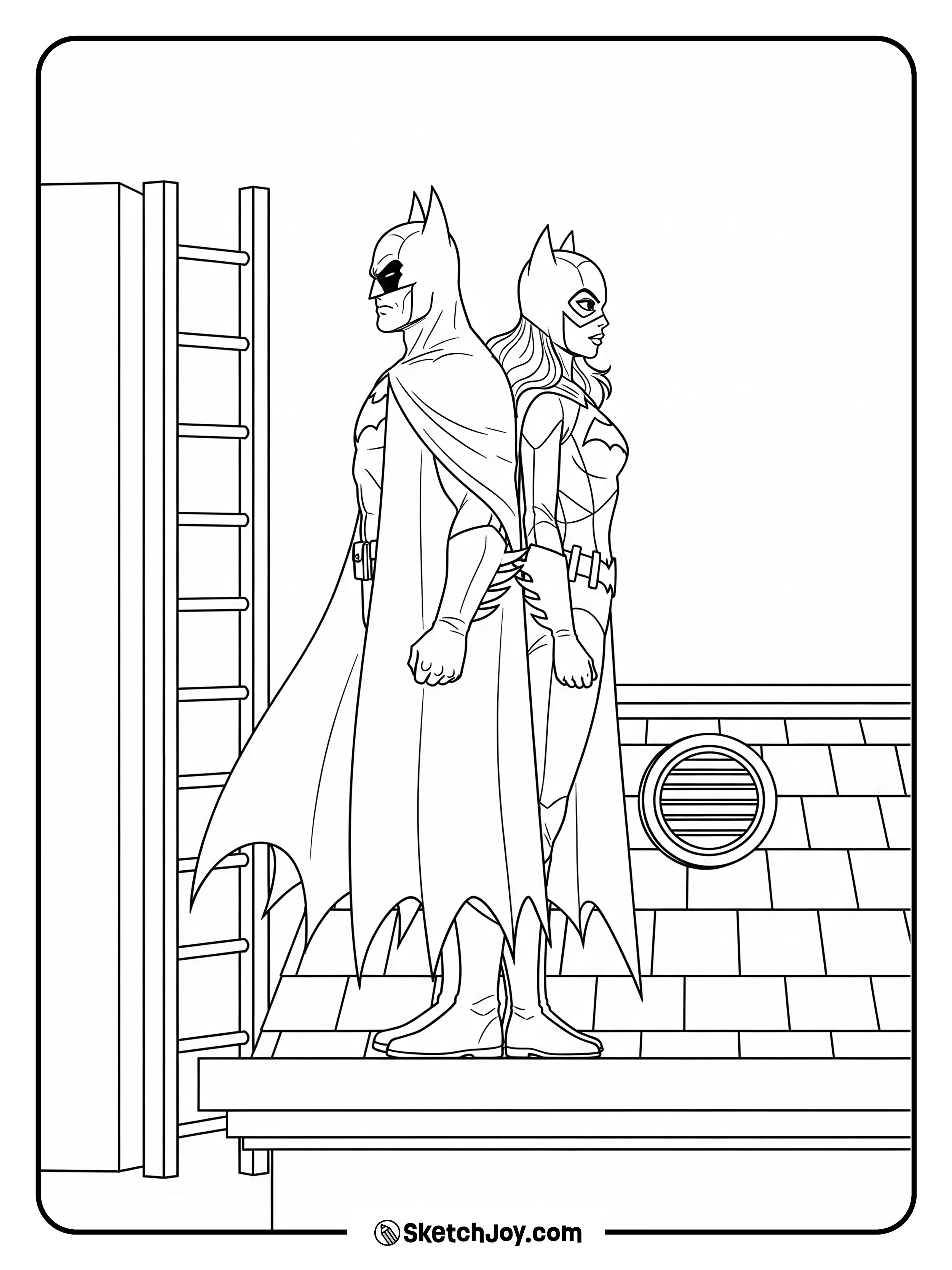 Batman and Batgirl stand back-to-back, ready for action.