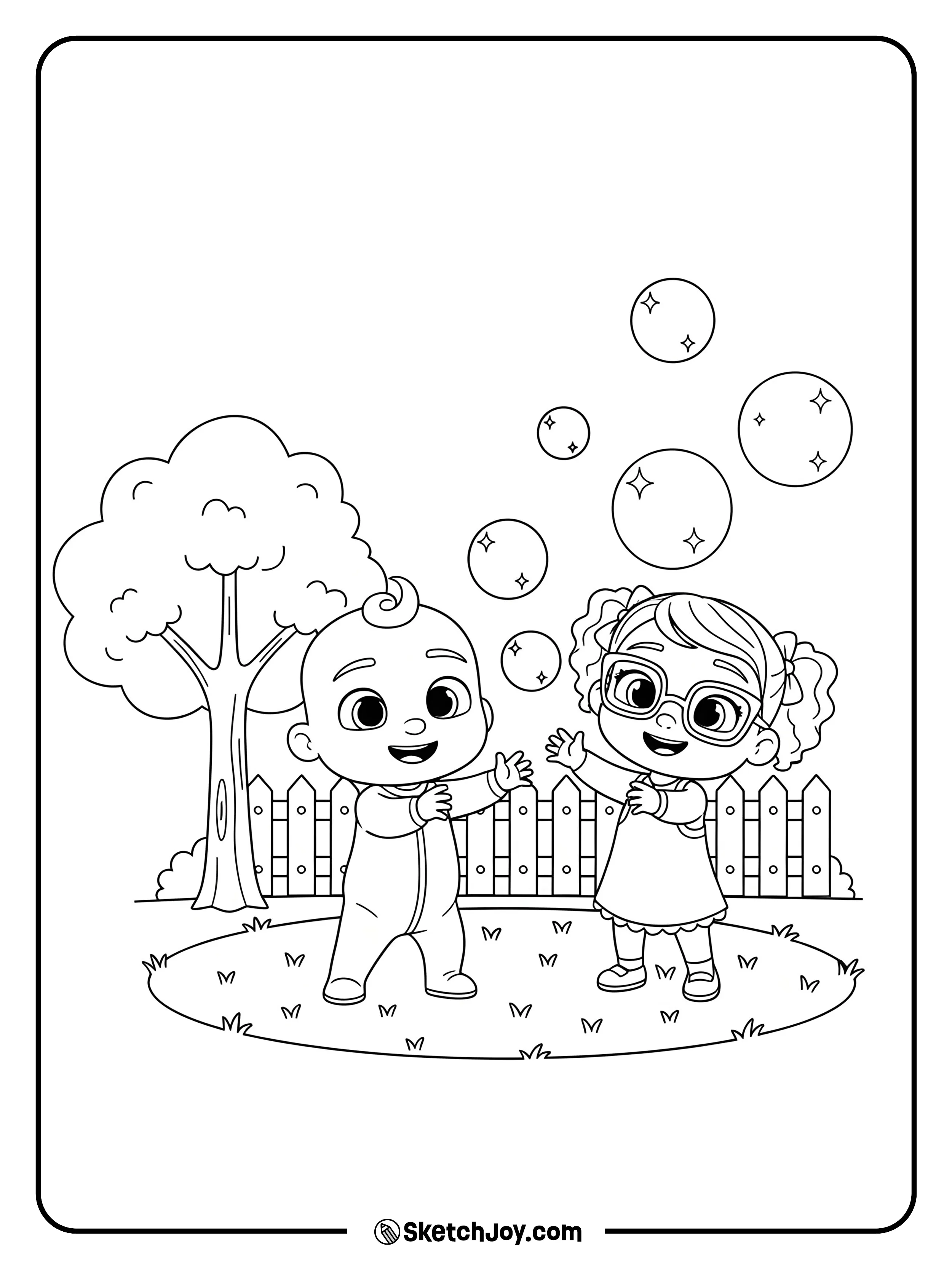 JJ and Bella pop a few huge bubbles near a picket fence.