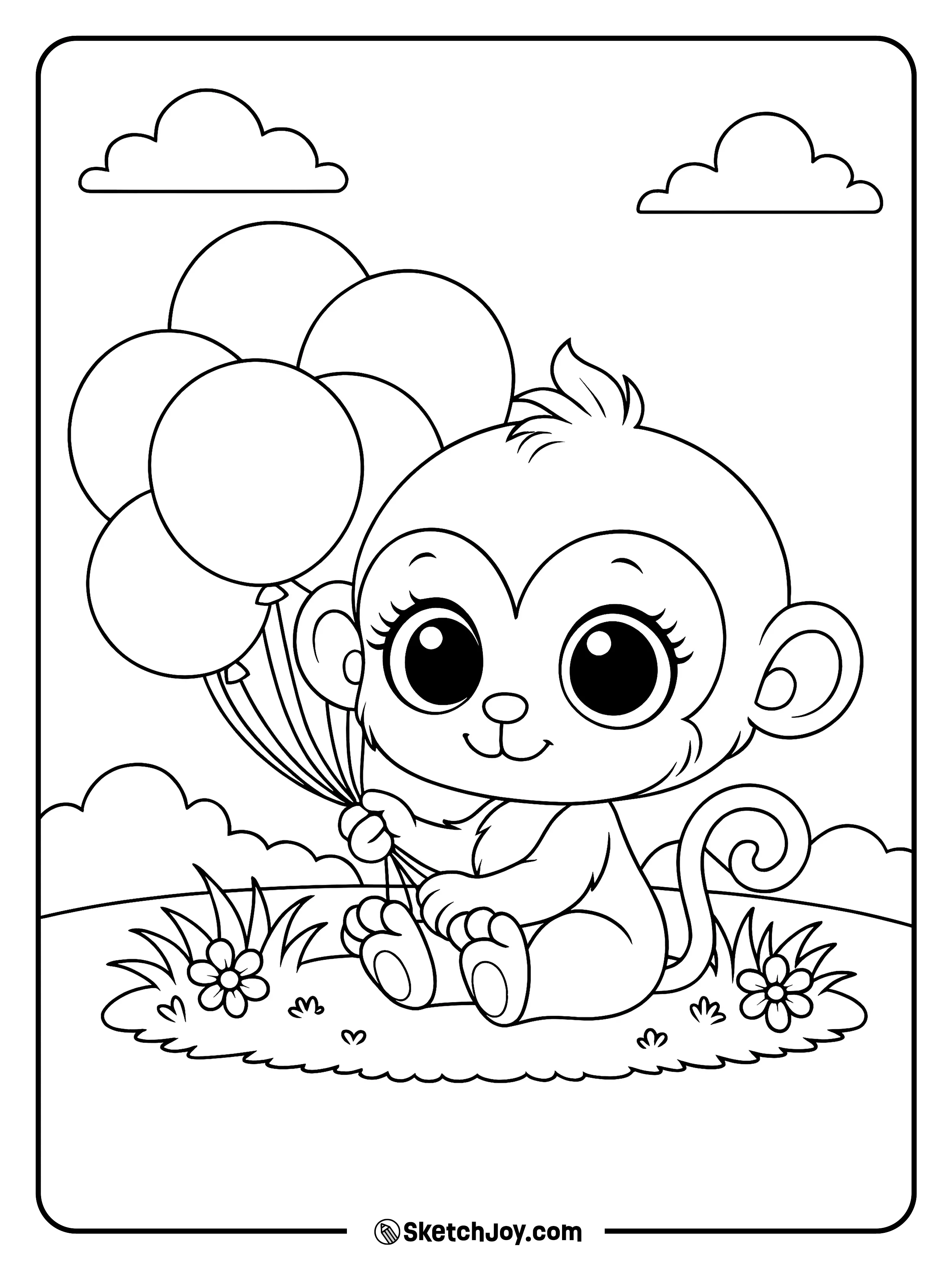 A big-eyed baby monkey sits on a small grassy patch and holds a bunch of round balloons.