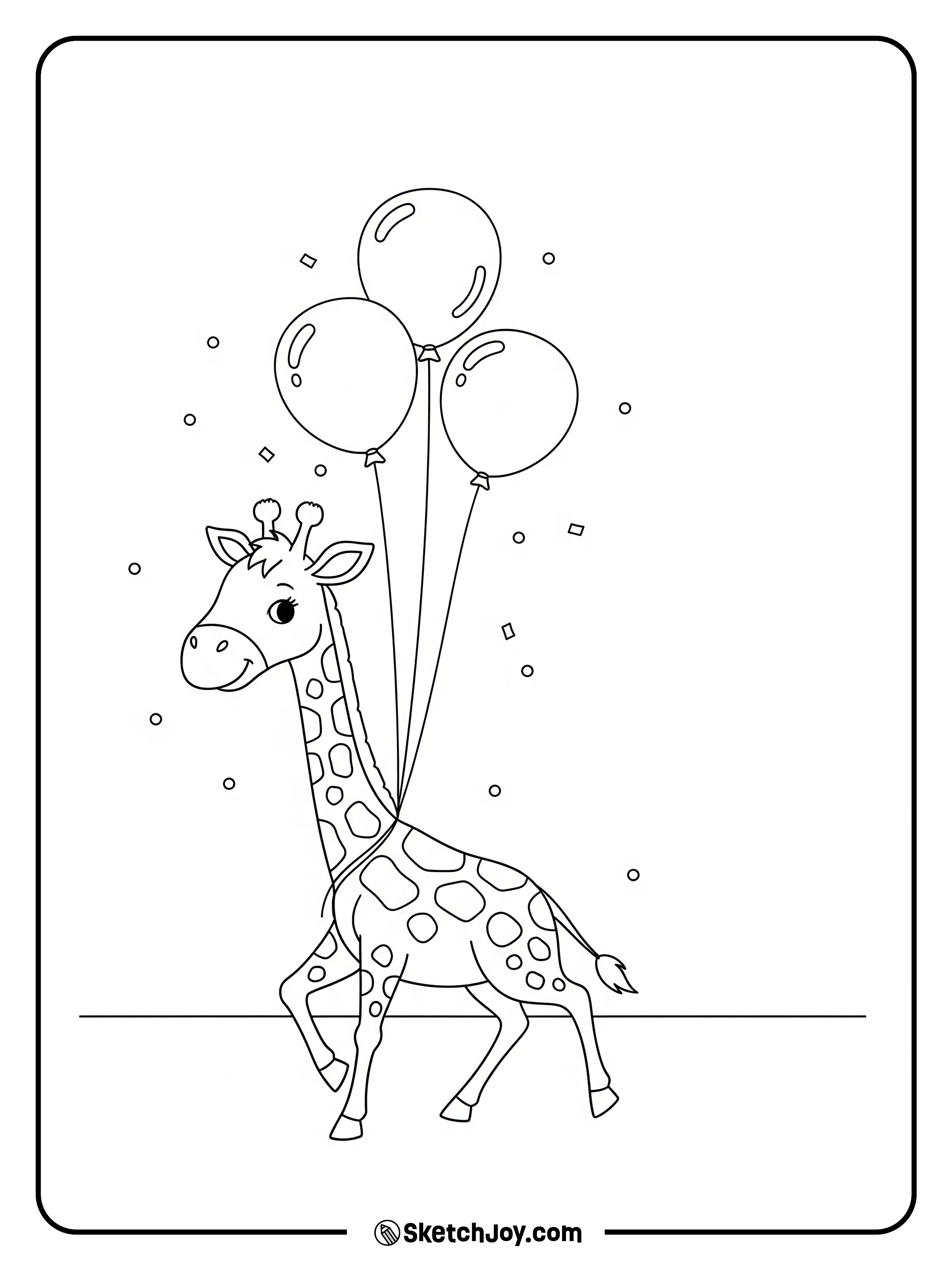 A cheerful giraffe walks with three balloons.