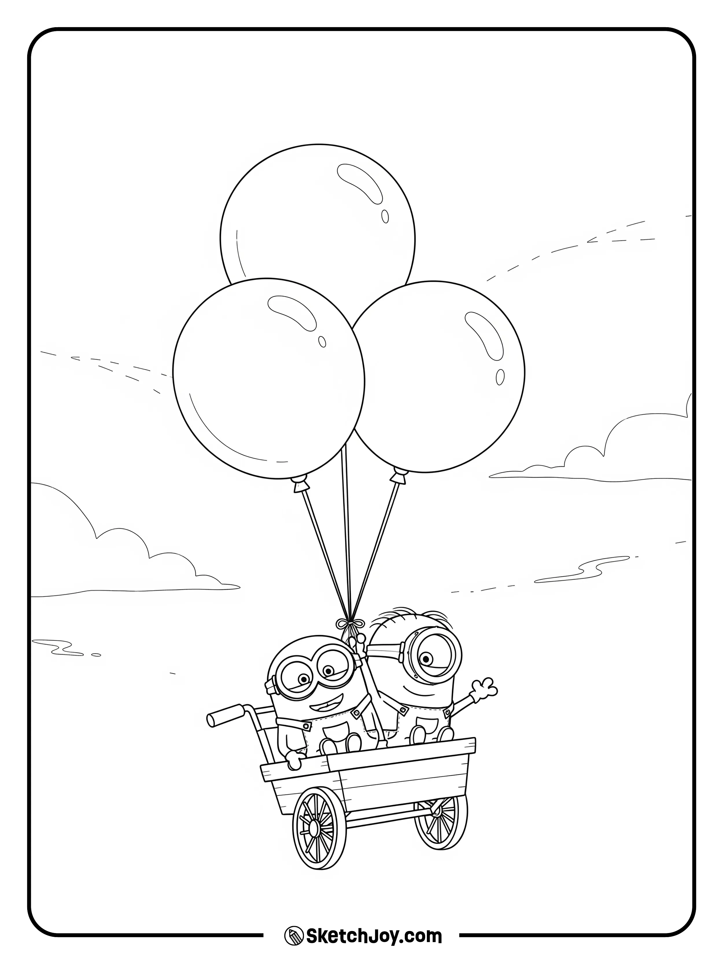 Two Minions ride a tiny cart pulled by three balloons.