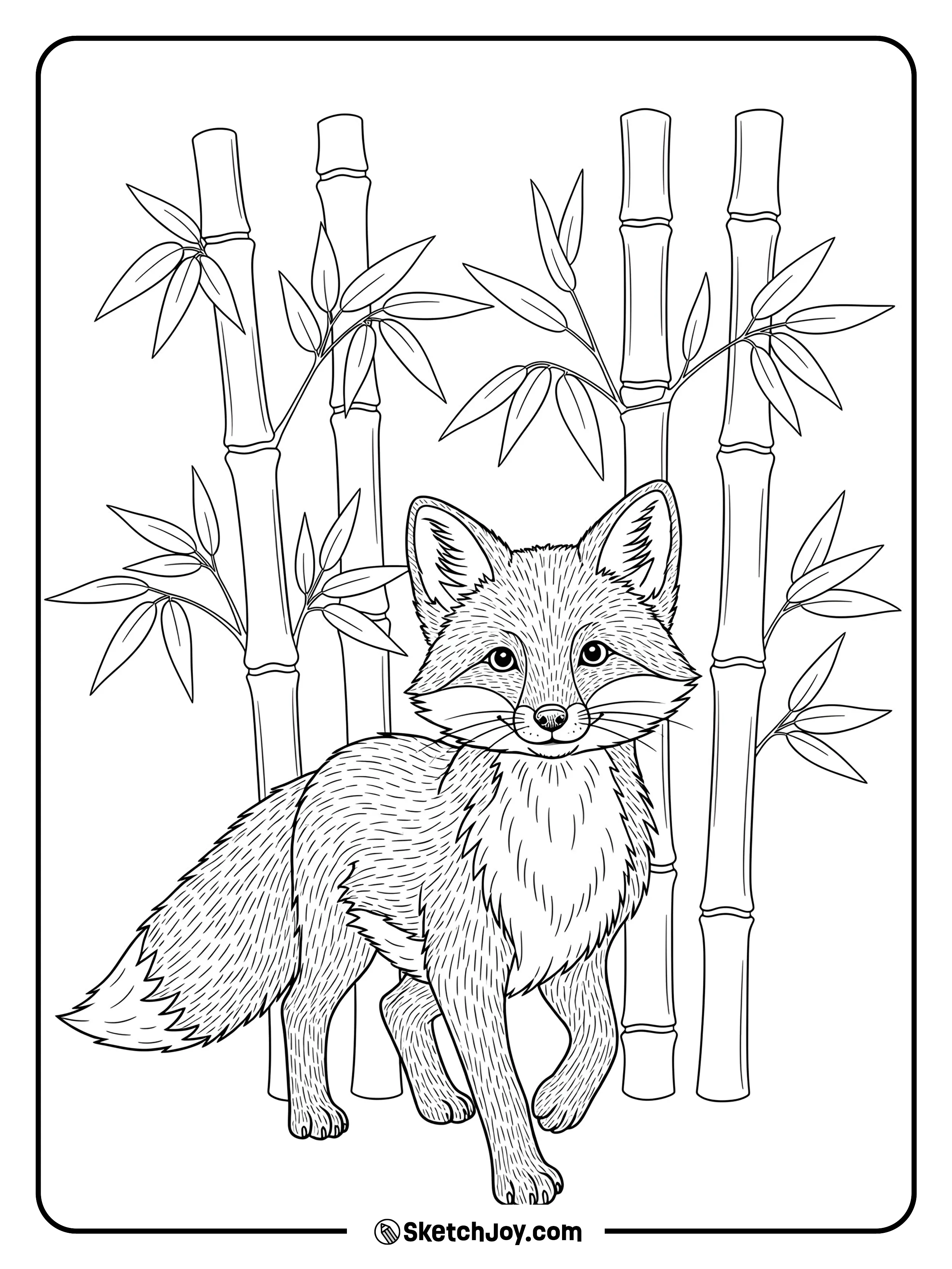 A slim fox moves between layered bamboo stalks and leaves.