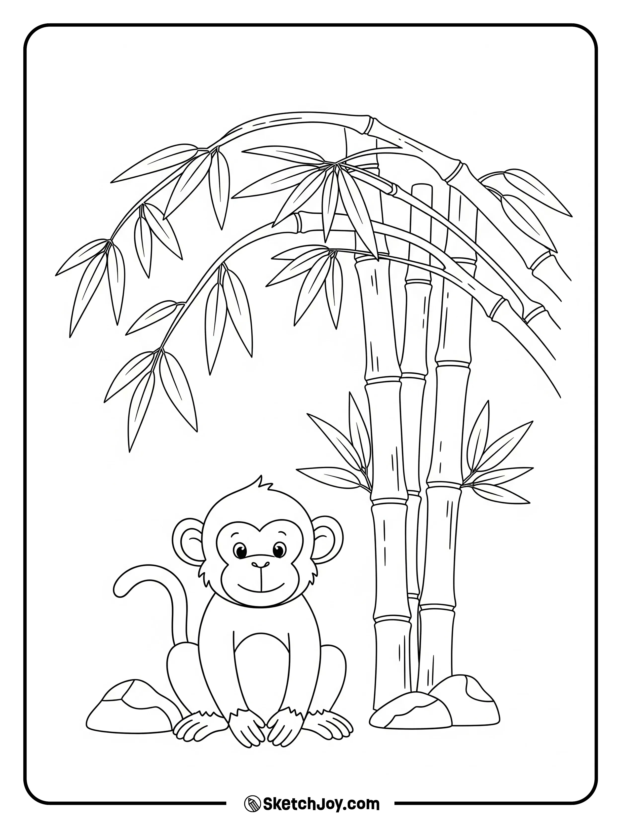 A monkey rests by tall bamboo stalks.