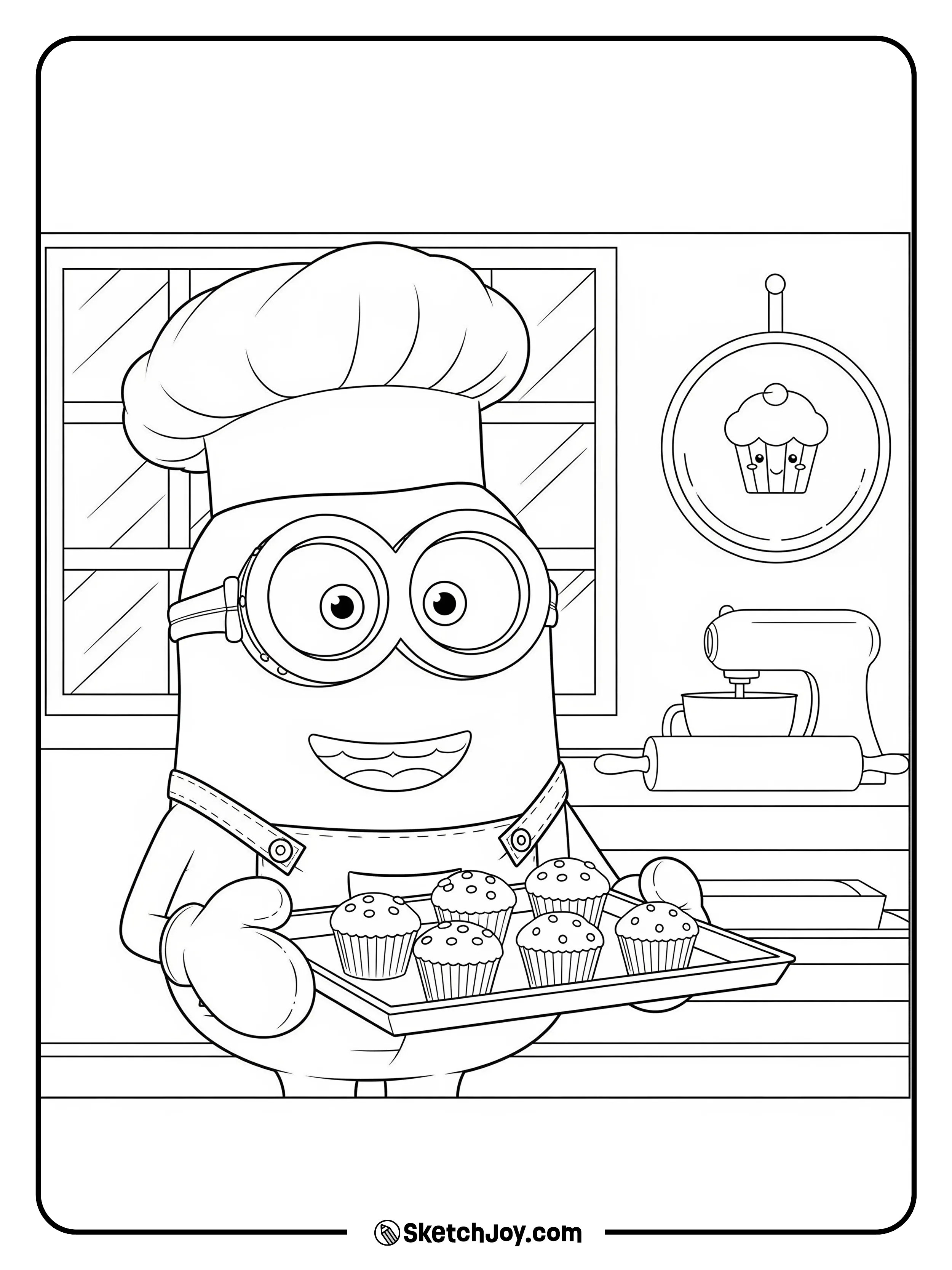 A Minion sets a tray of banana muffins on a sill.