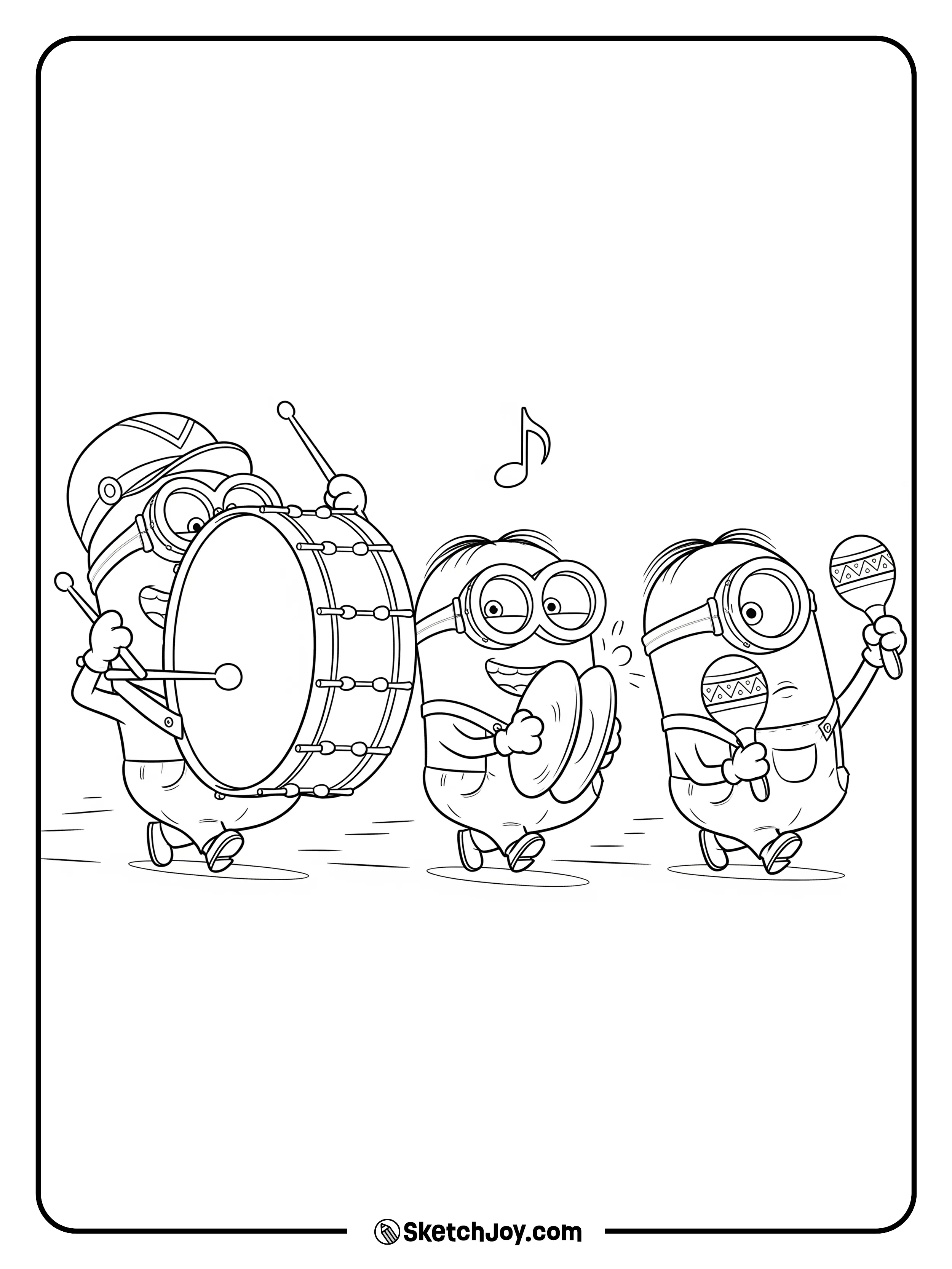 Three Minions play a drum, a tiny cymbal, and a shaker.