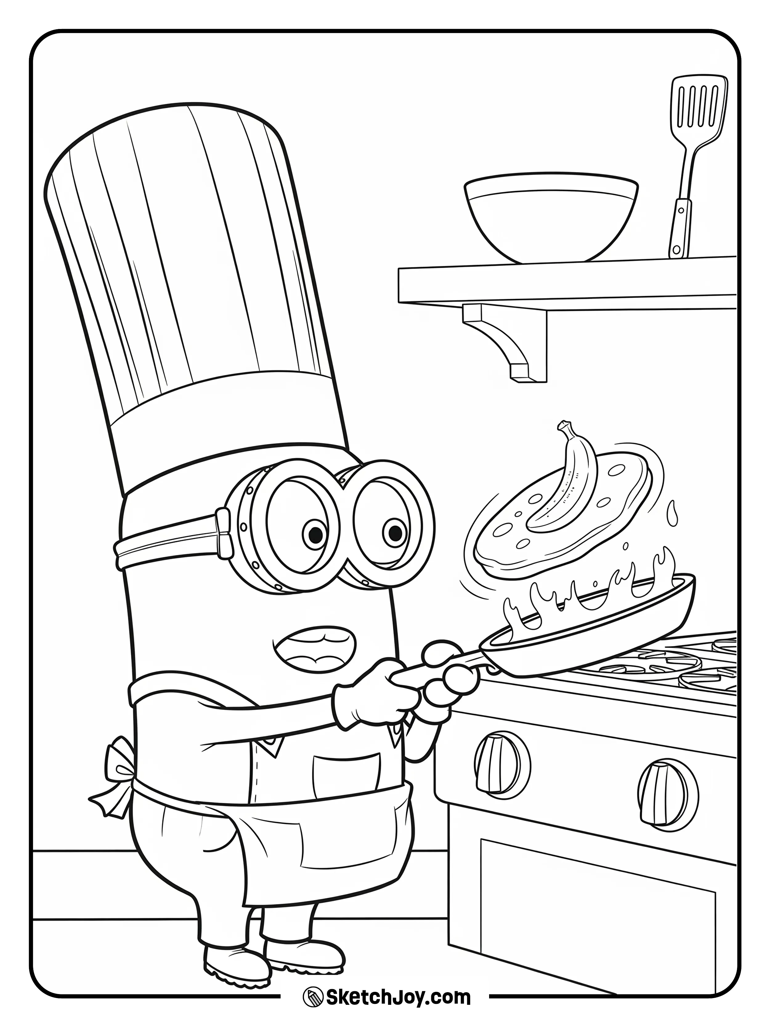 Bob wears a chef hat and flips banana pancakes in a tiny pan.