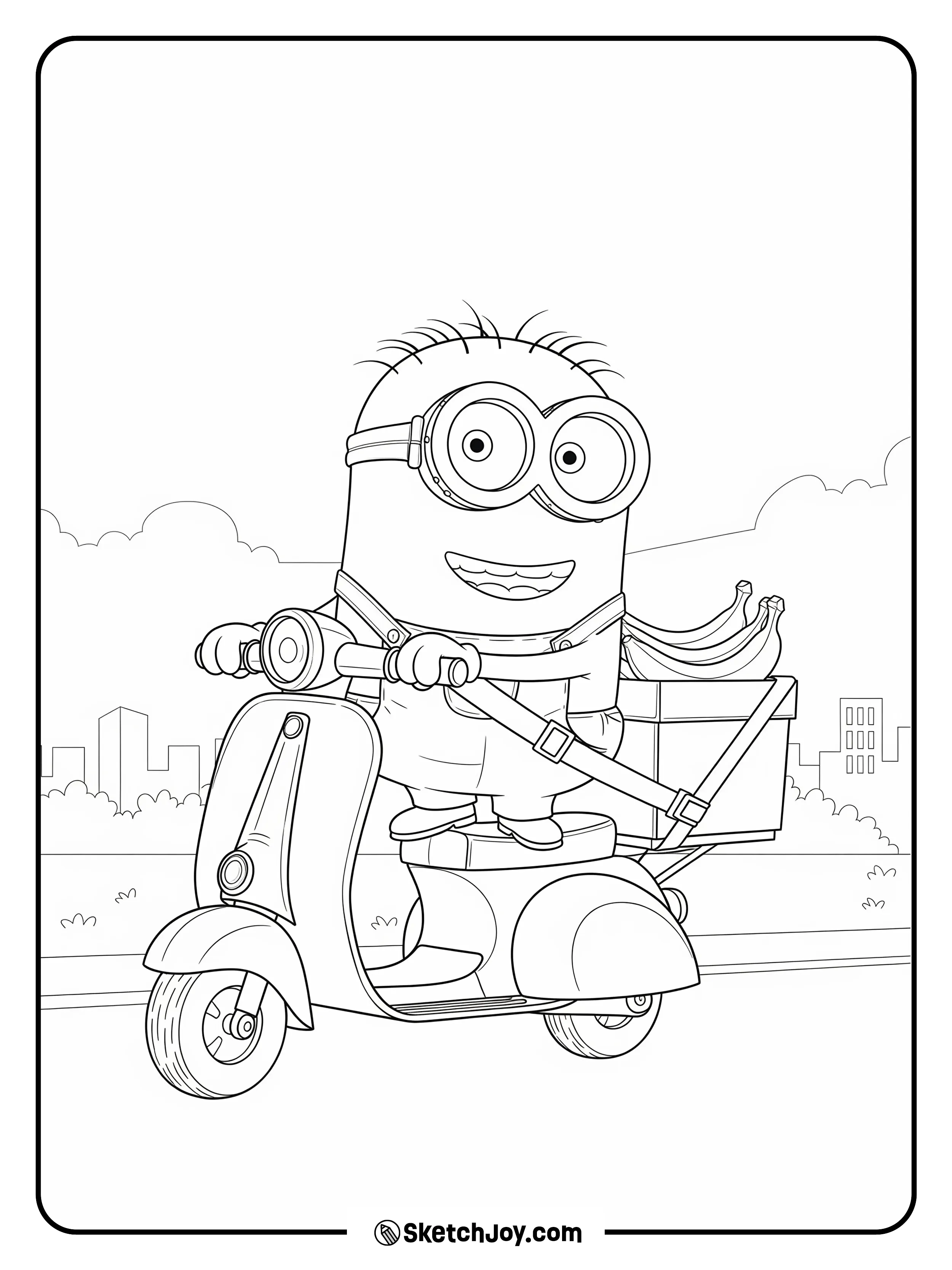 A Minion rides a small scooter with a crate of bananas on the back.