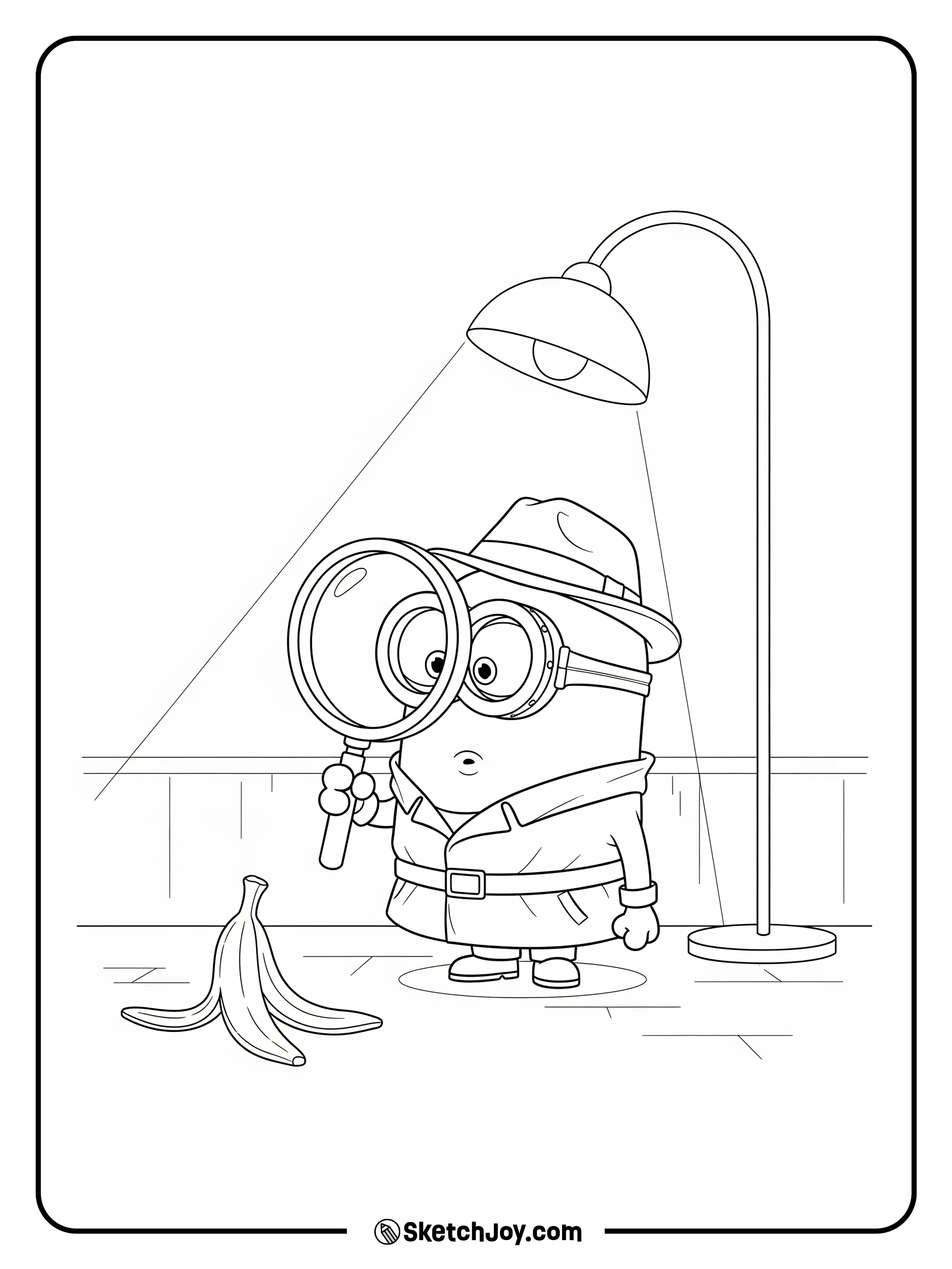 A Minion holds a magnifier near a banana peel on the floor.