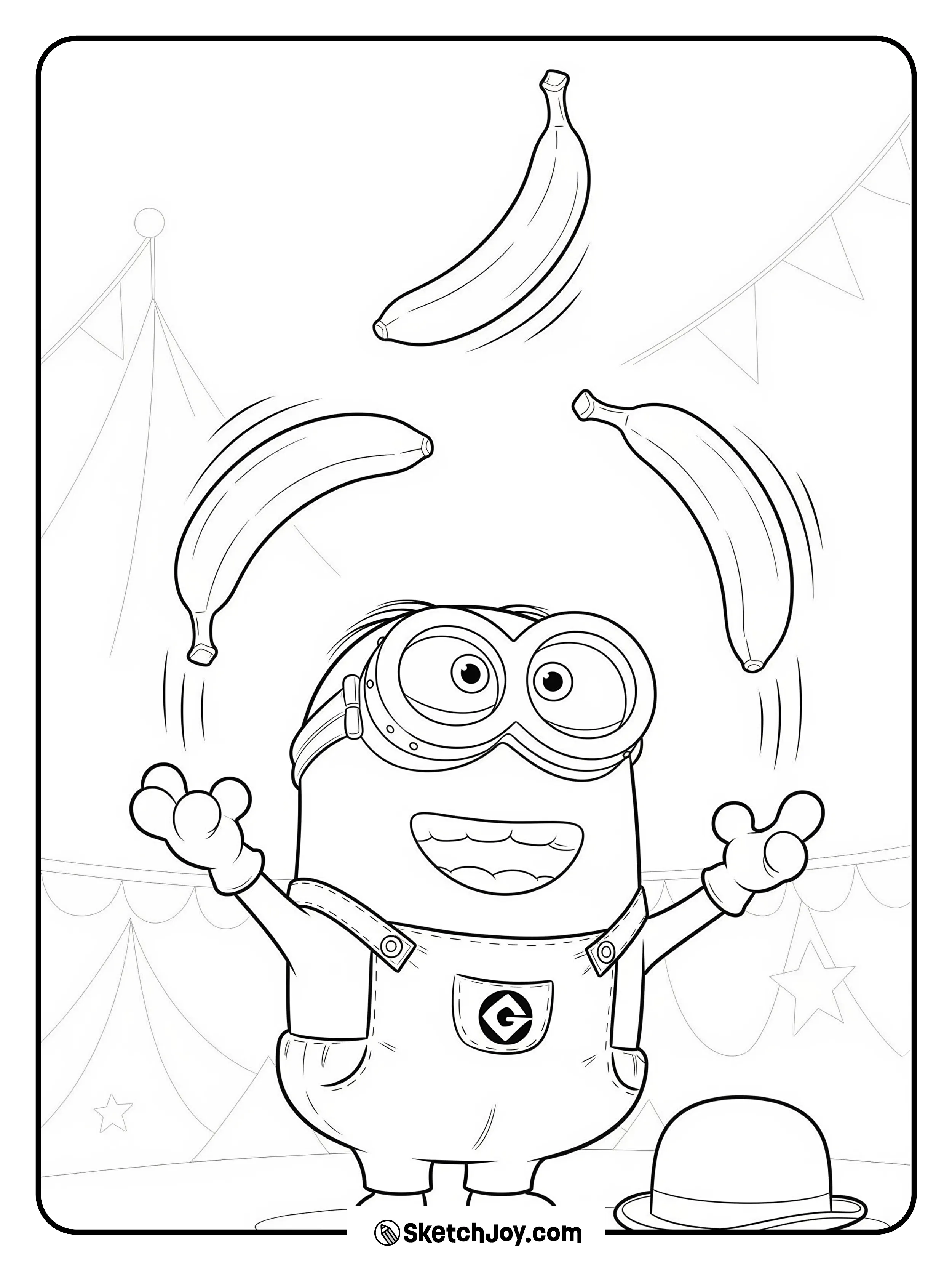 Stuart juggles three bananas with a happy face.