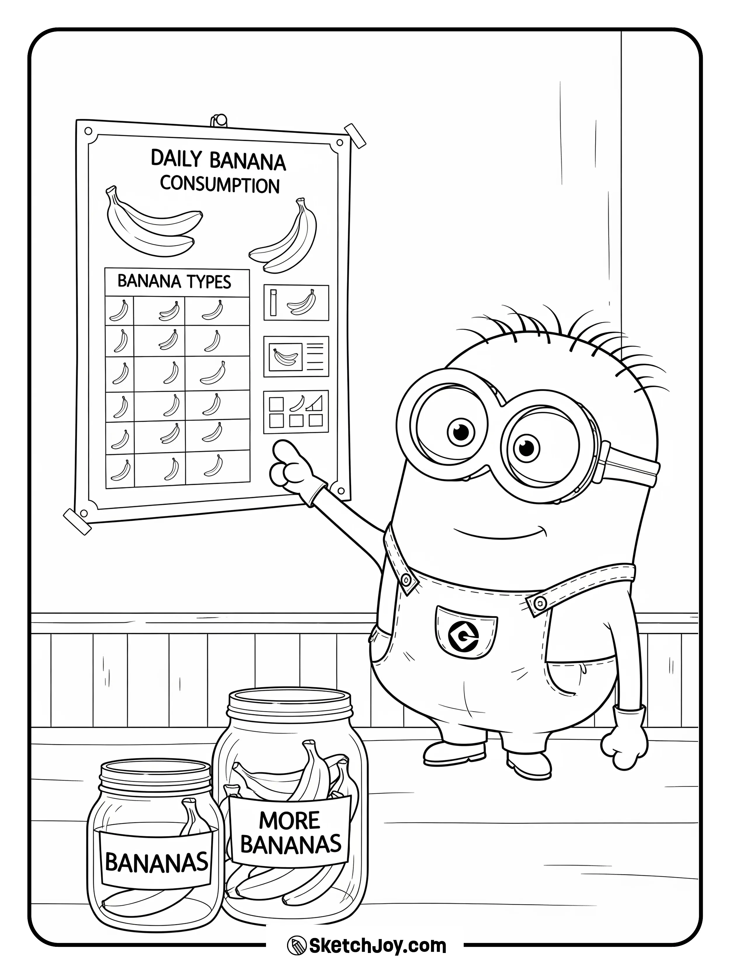 A Minion presents a small poster with a banana growth chart.