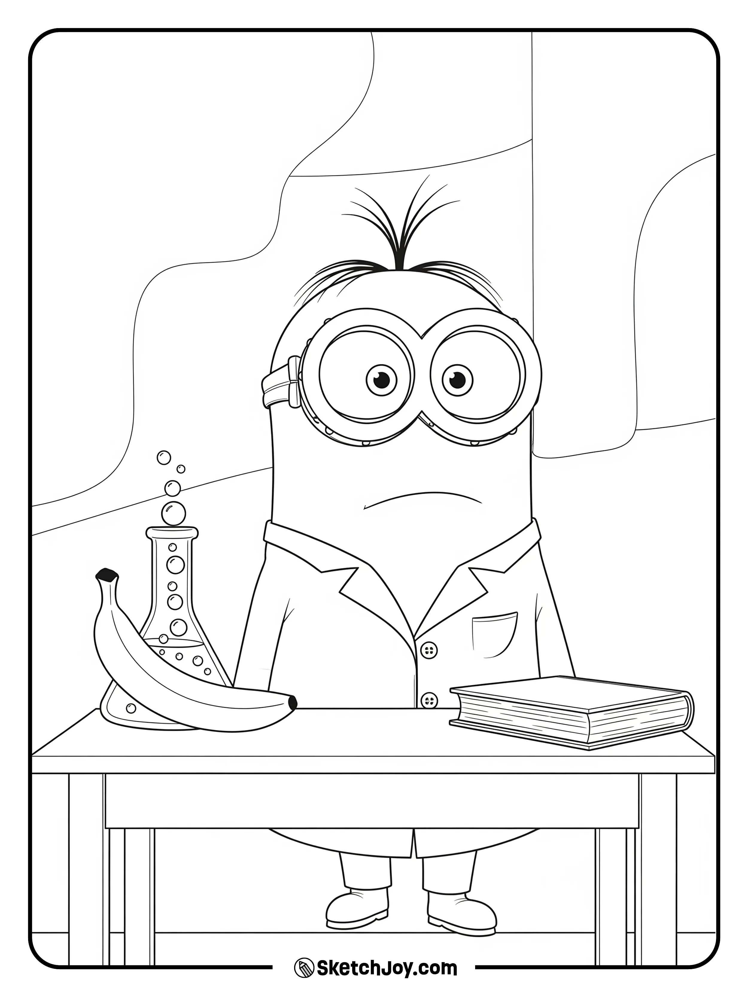 Bob holds a beaker shaped like a banana.