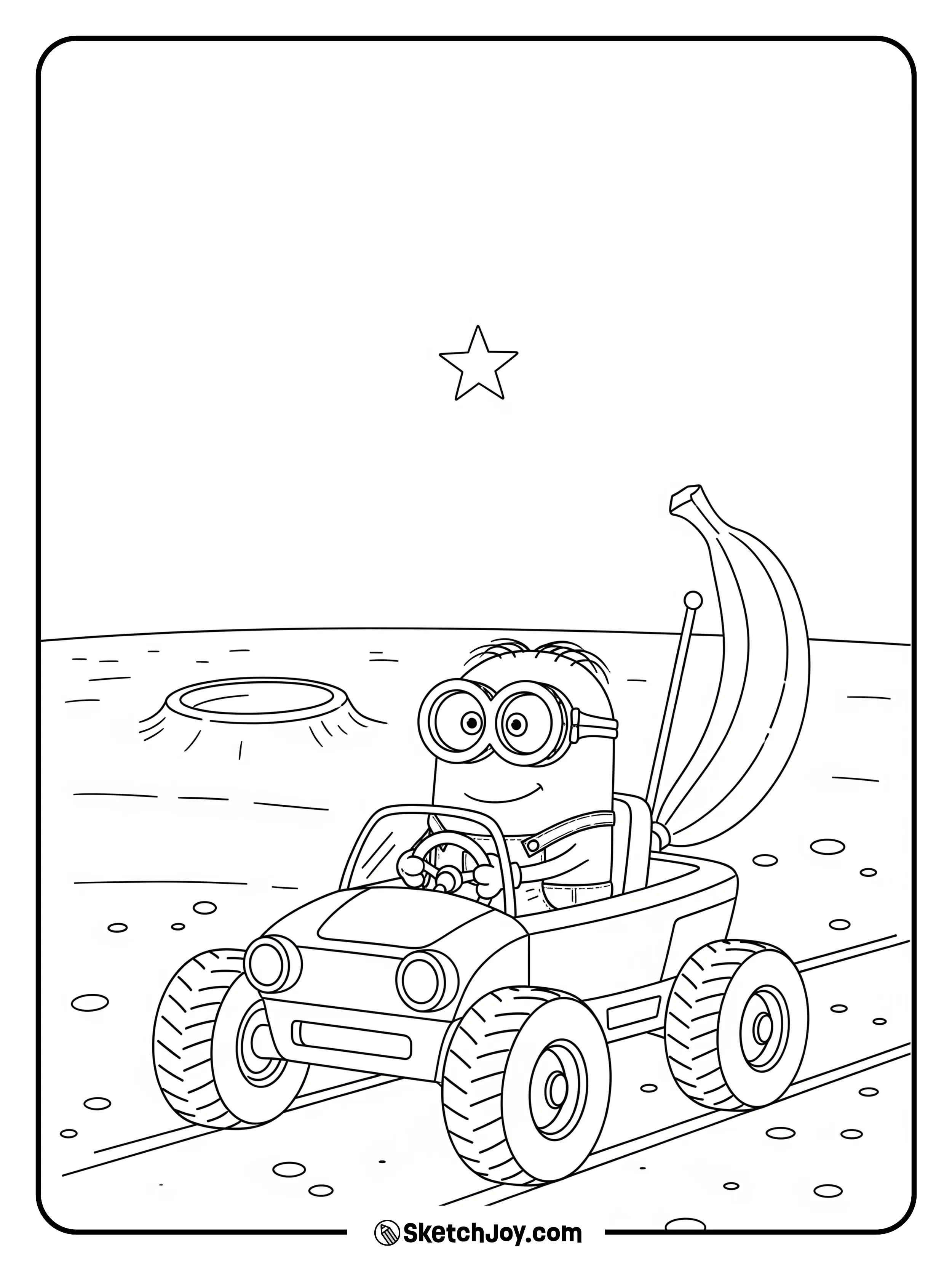 A Minion drives a little rover with banana-shaped antenna.