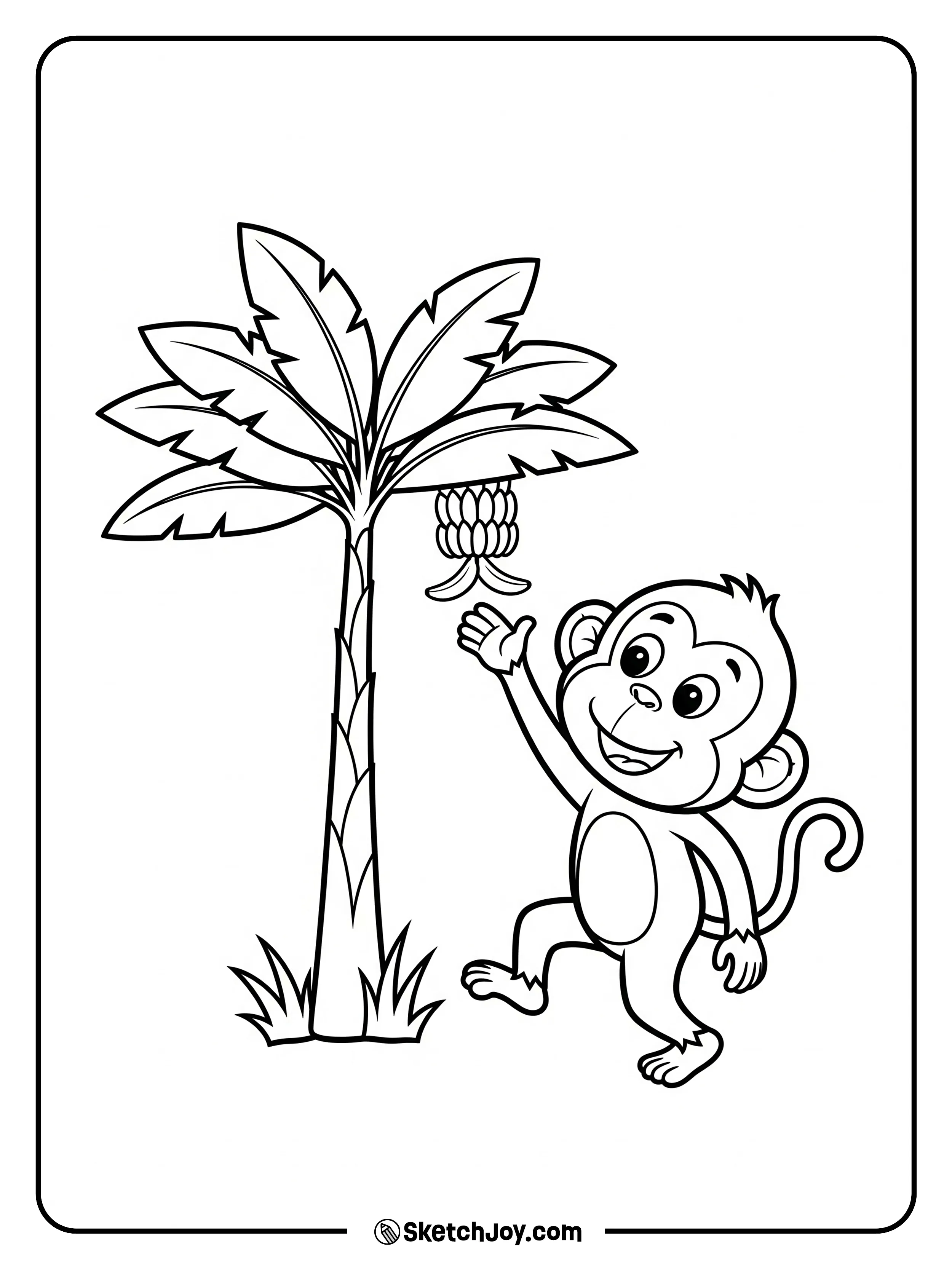 A hungry monkey reaches up to a banana bunch on a short tree.