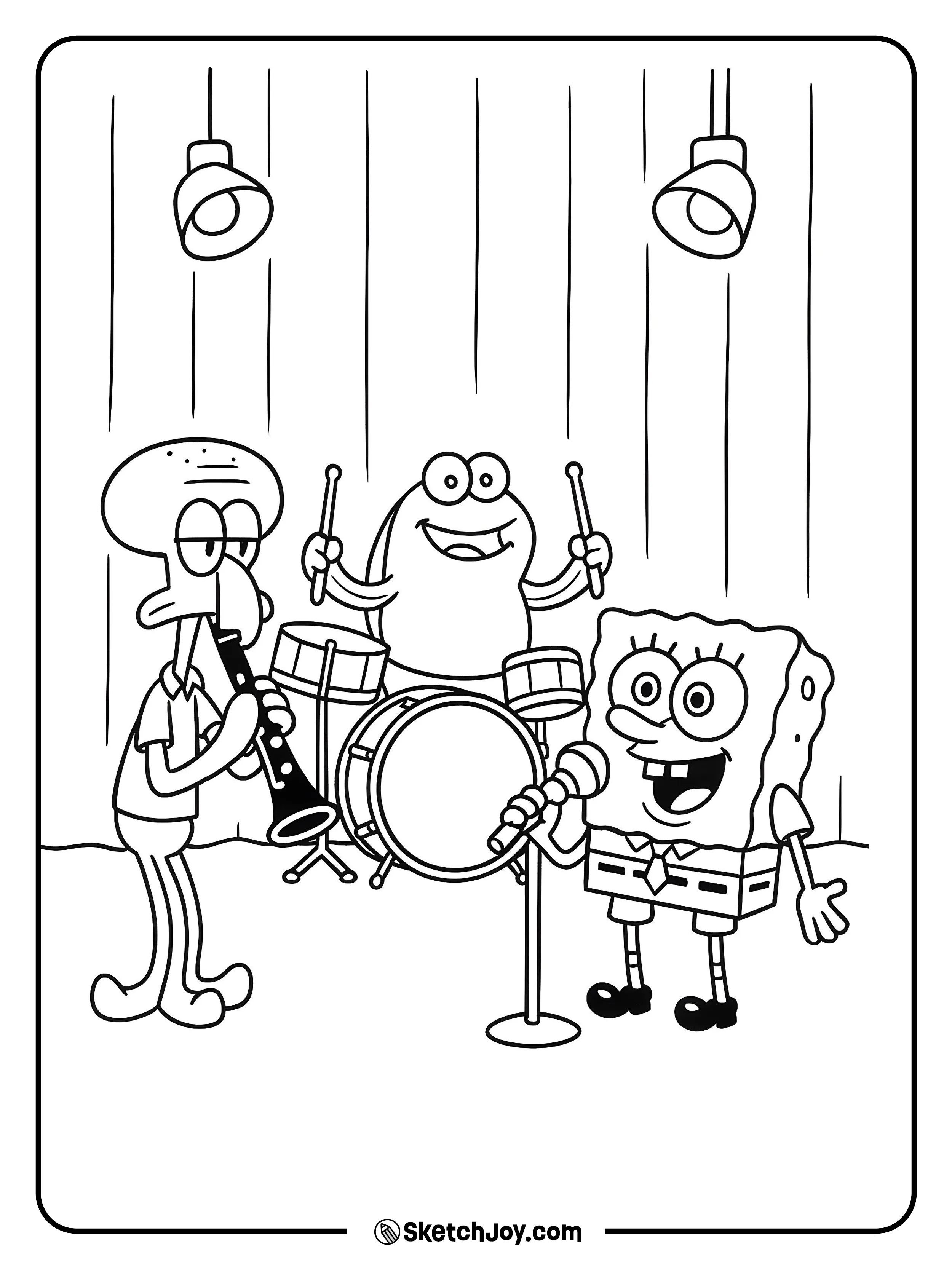 SpongeBob sings into a mic while Patrick taps a drum and Squidward holds his clarinet.