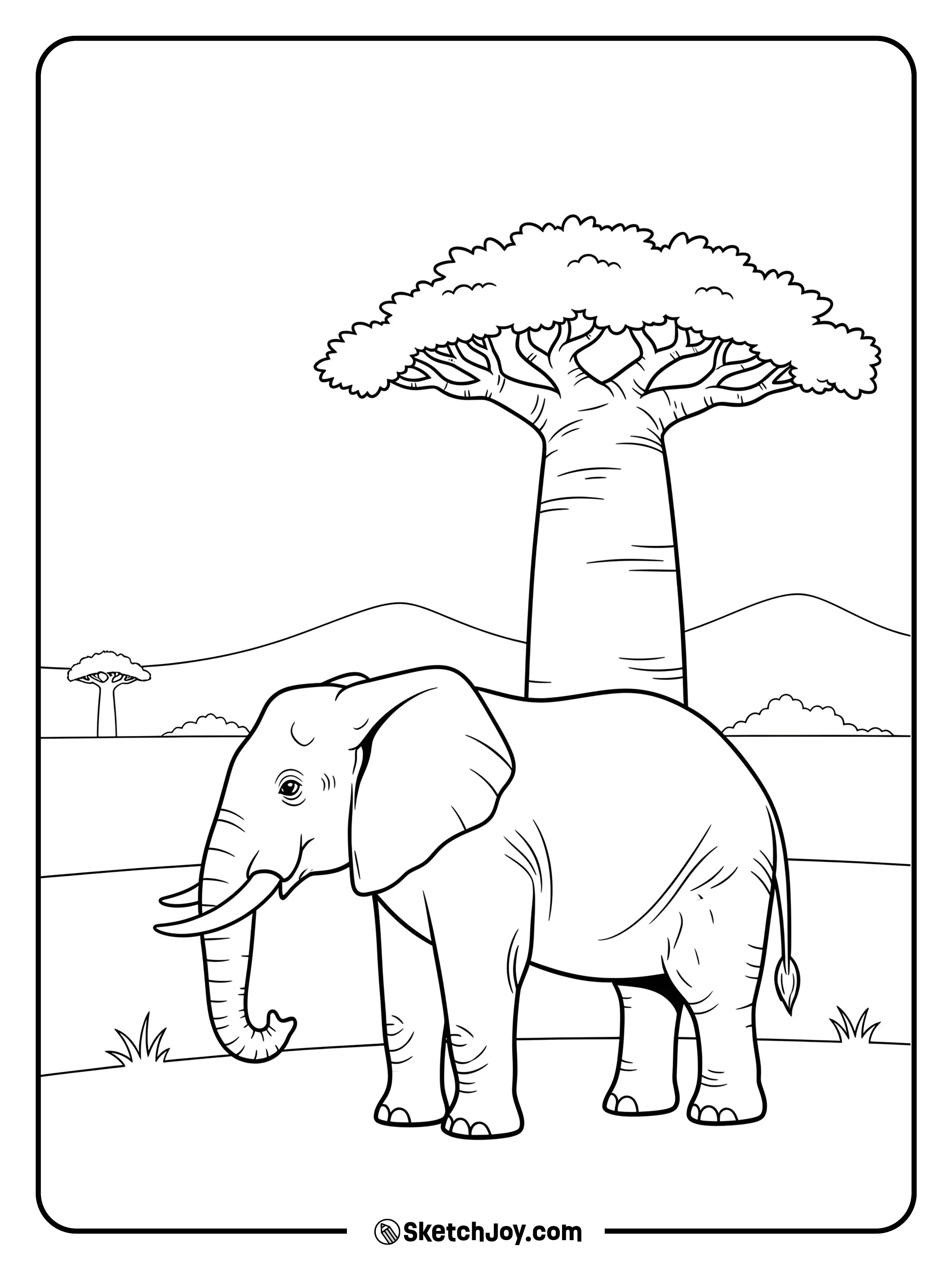 A large elephant rests near a baobab trunk with distant hills.