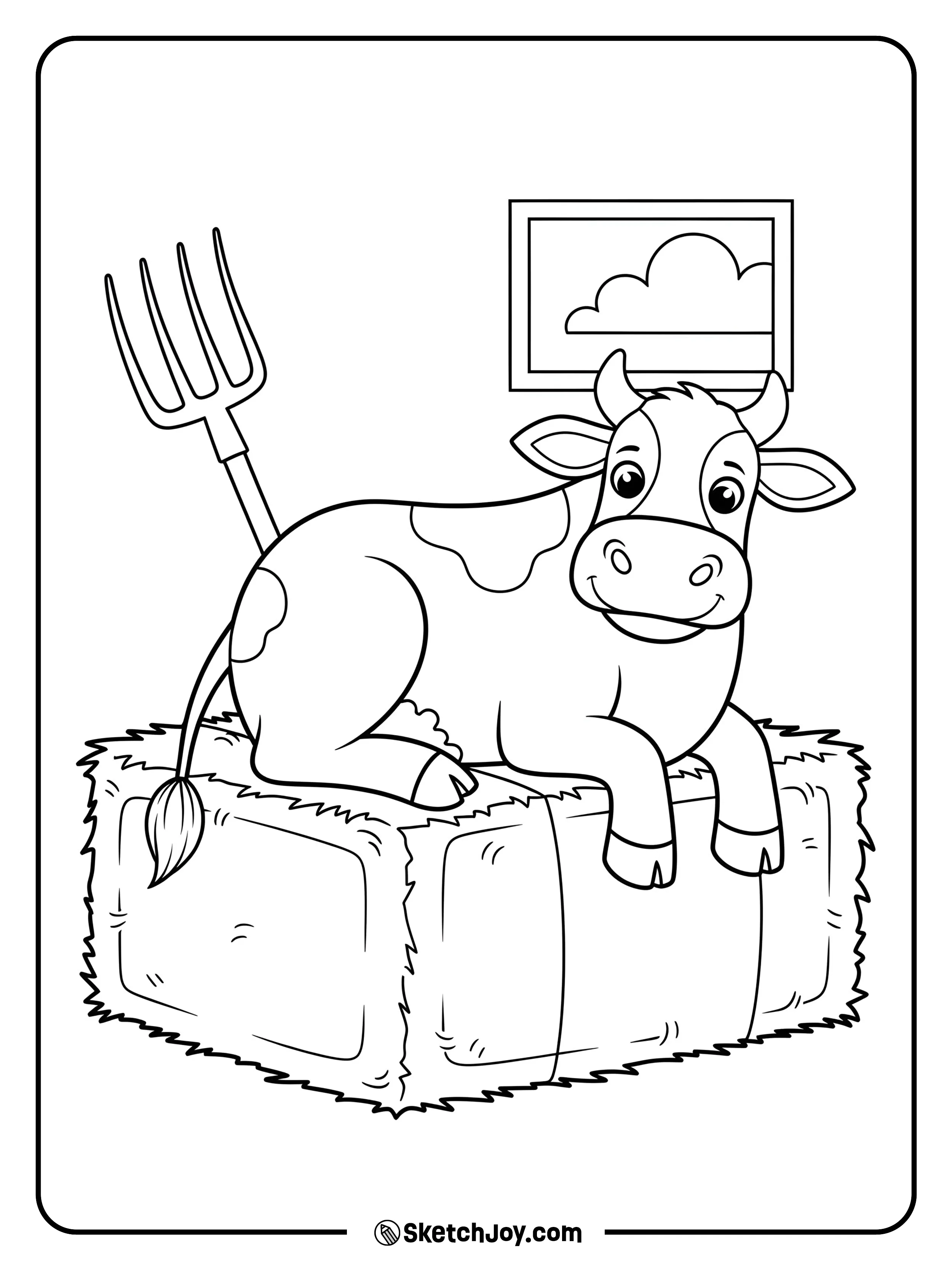 A cow rests on a tidy hay bale inside a barn.
