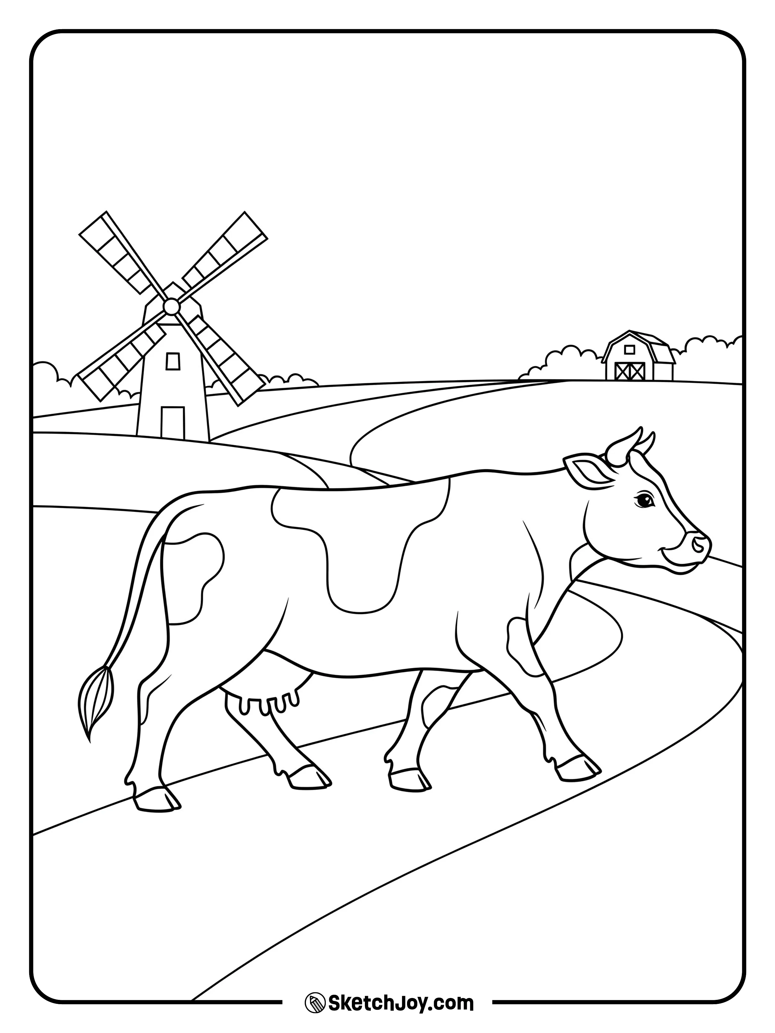 A cow strolls past a small windmill.