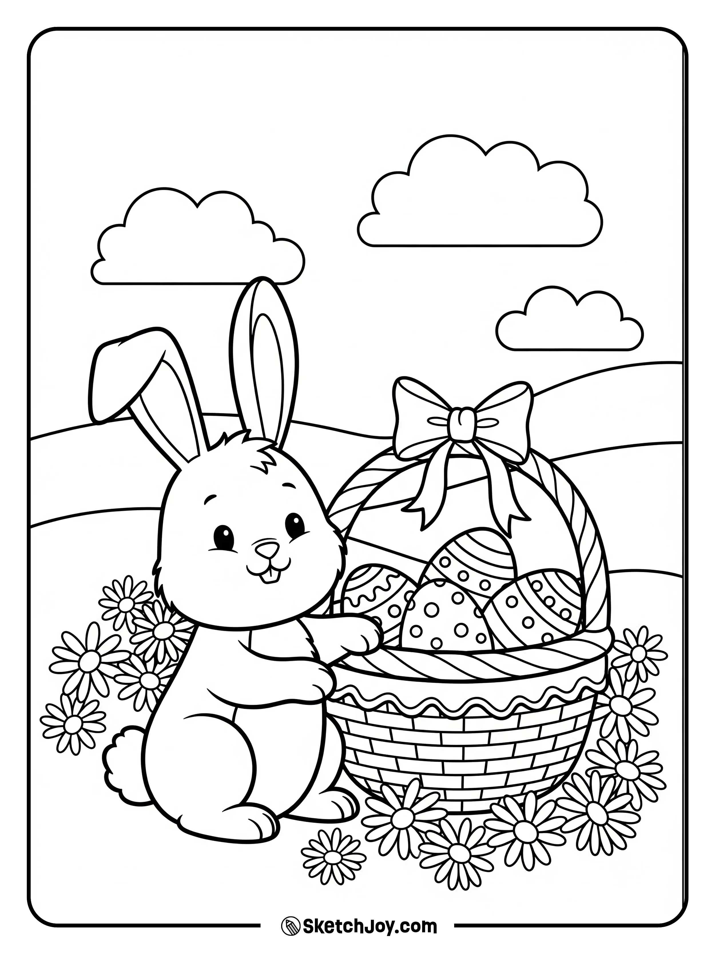 A smiling bunny hugs a basket with patterned eggs.