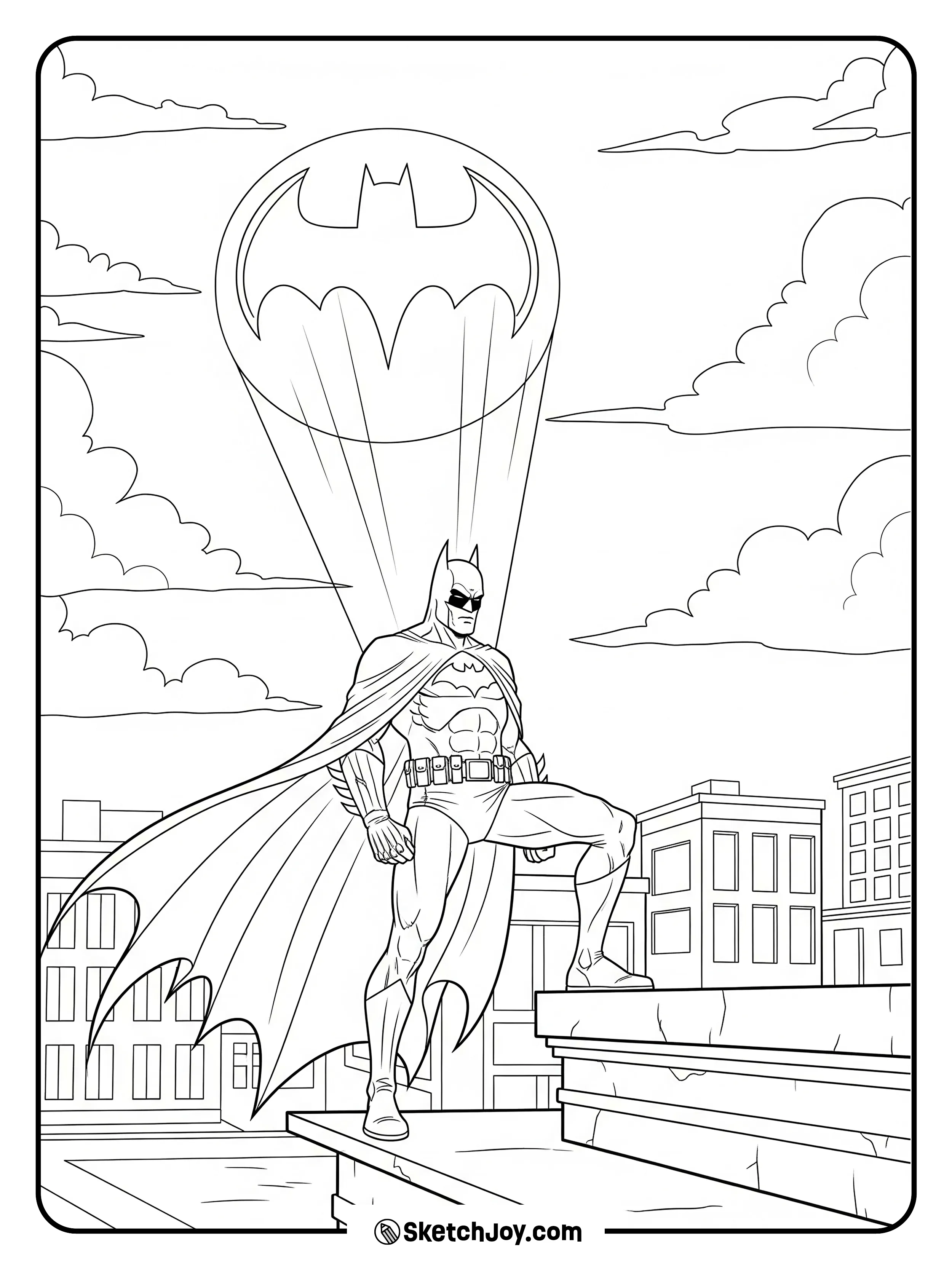 Batman stands on a tall roof while the Bat-Signal shines in the clouds.