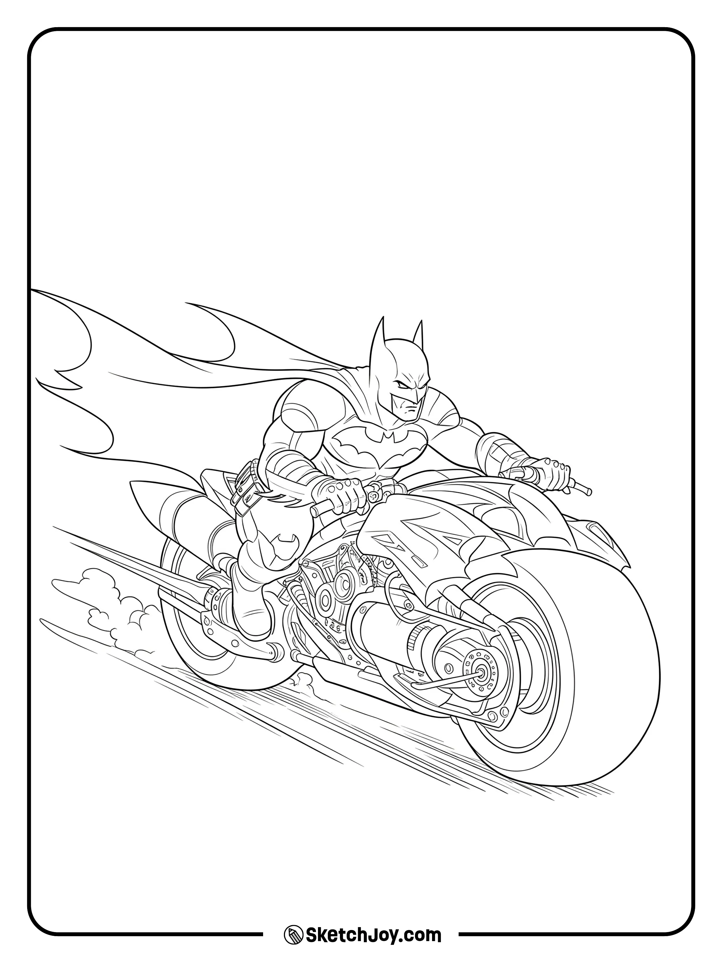 Batman speeds on the Batcycle with cape streaming.