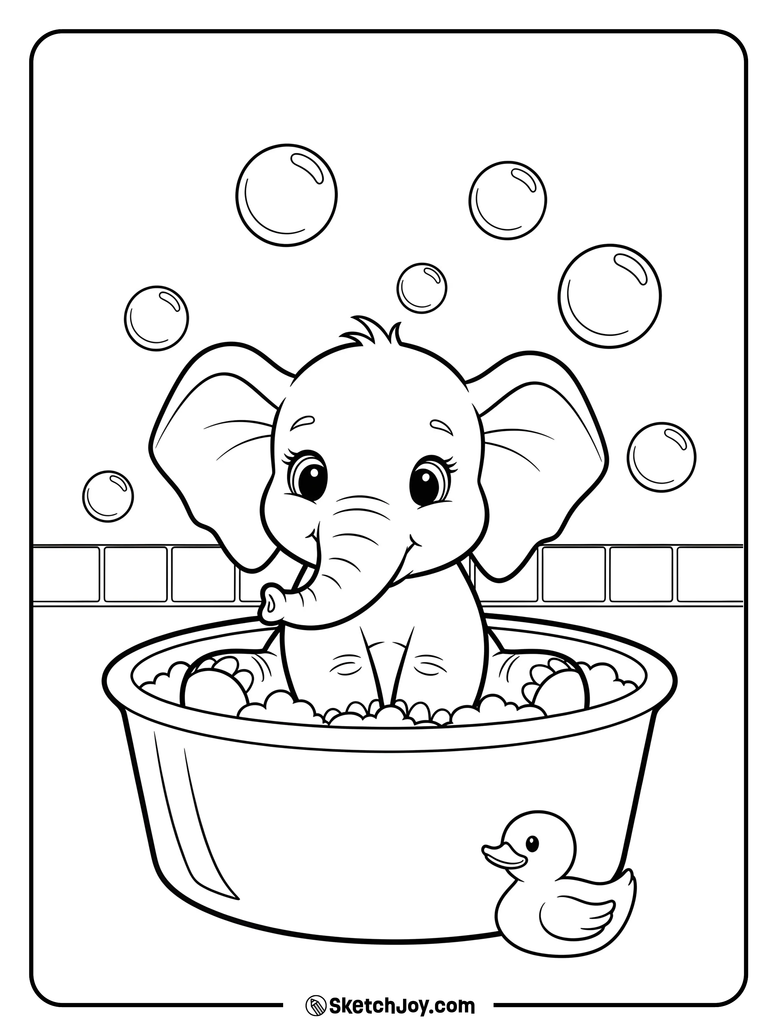 A baby elephant sits in a tub with a few big bubbles rising.