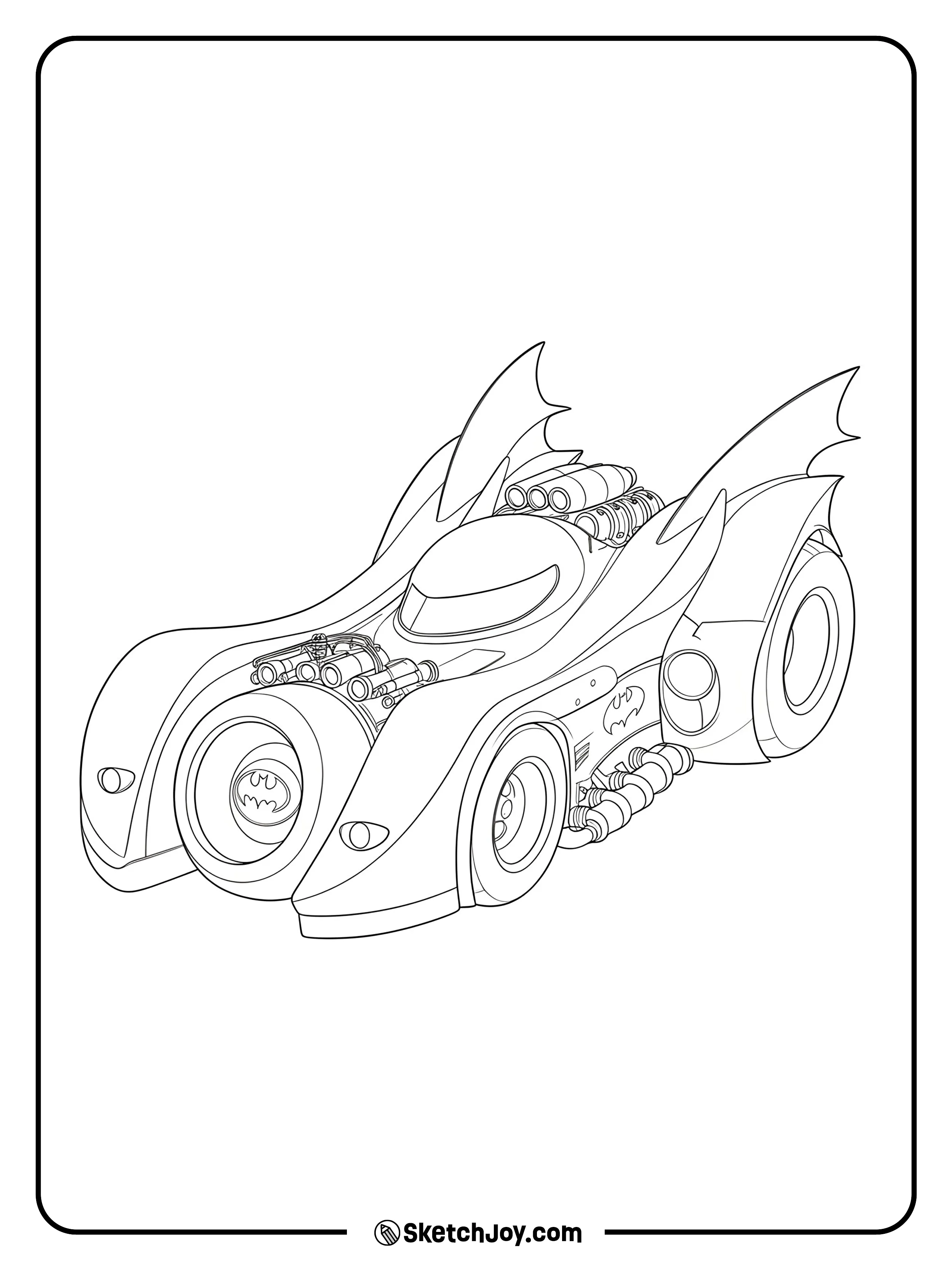 The Batmobile is shown from the side-front