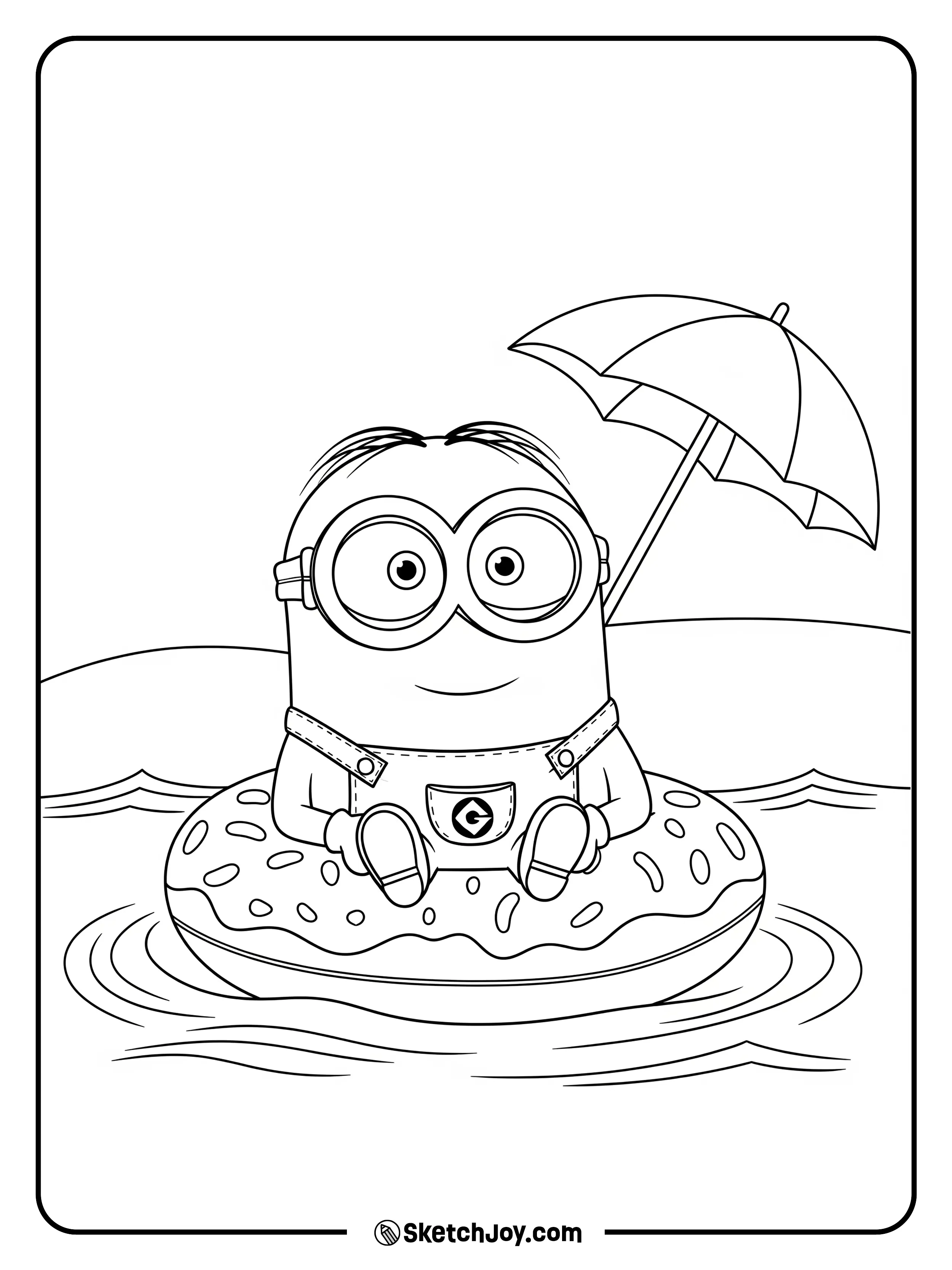 A Minion sits on a donut float near two small waves and one beach umbrella.