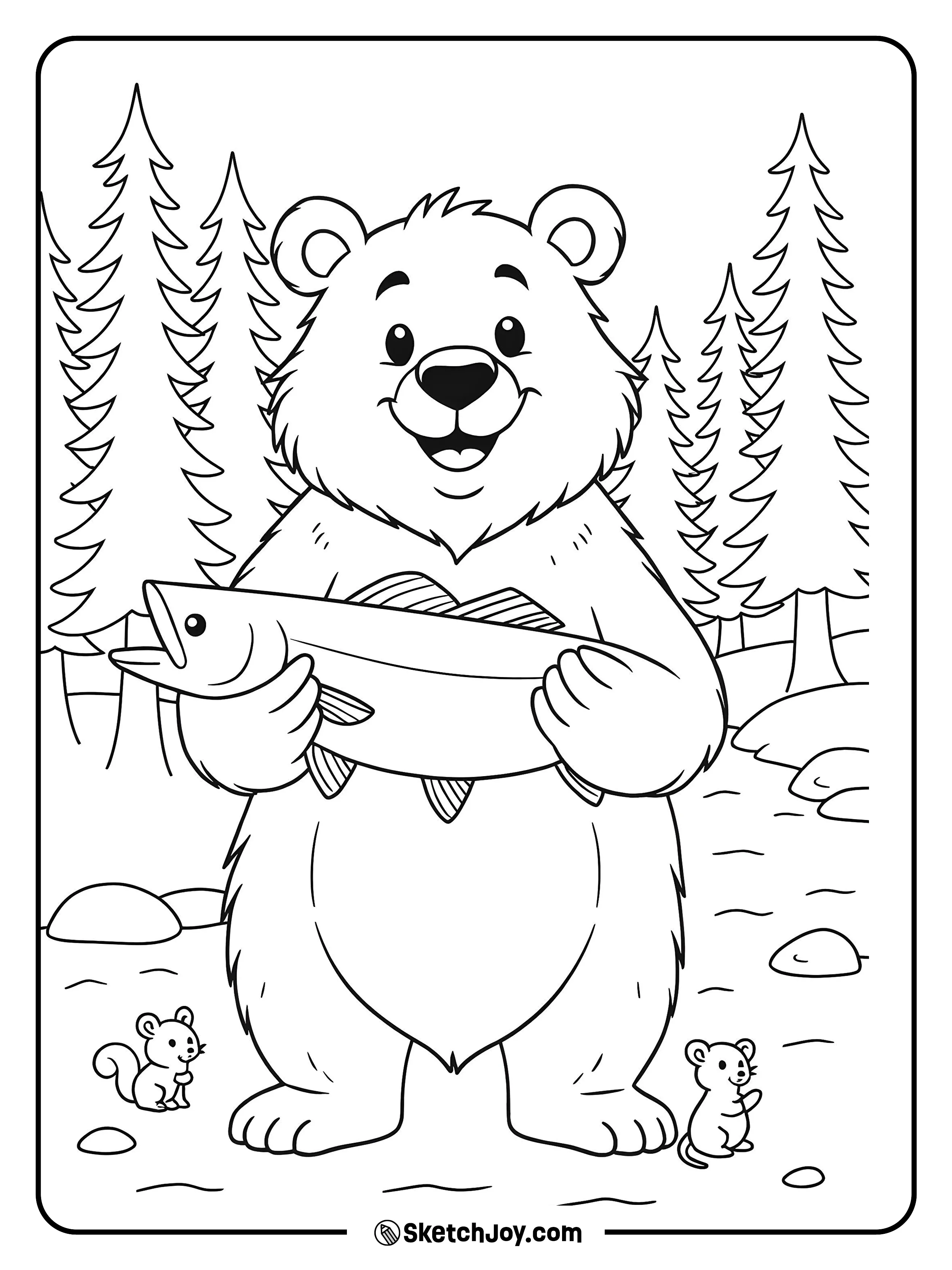 A friendly bear stands by a shallow stream and proudly holds a big fish.