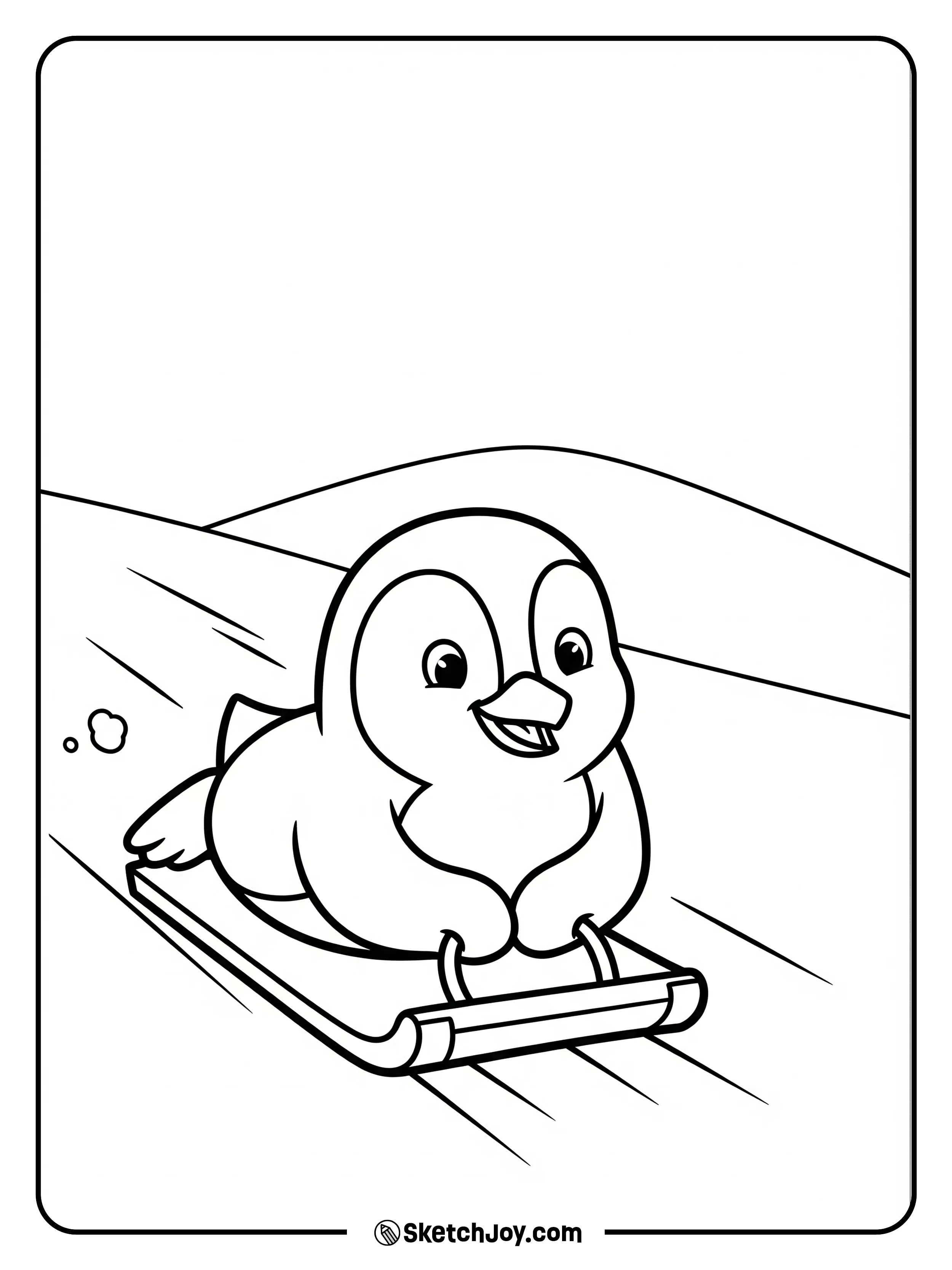 A happy penguin slides on its belly down a short slope.