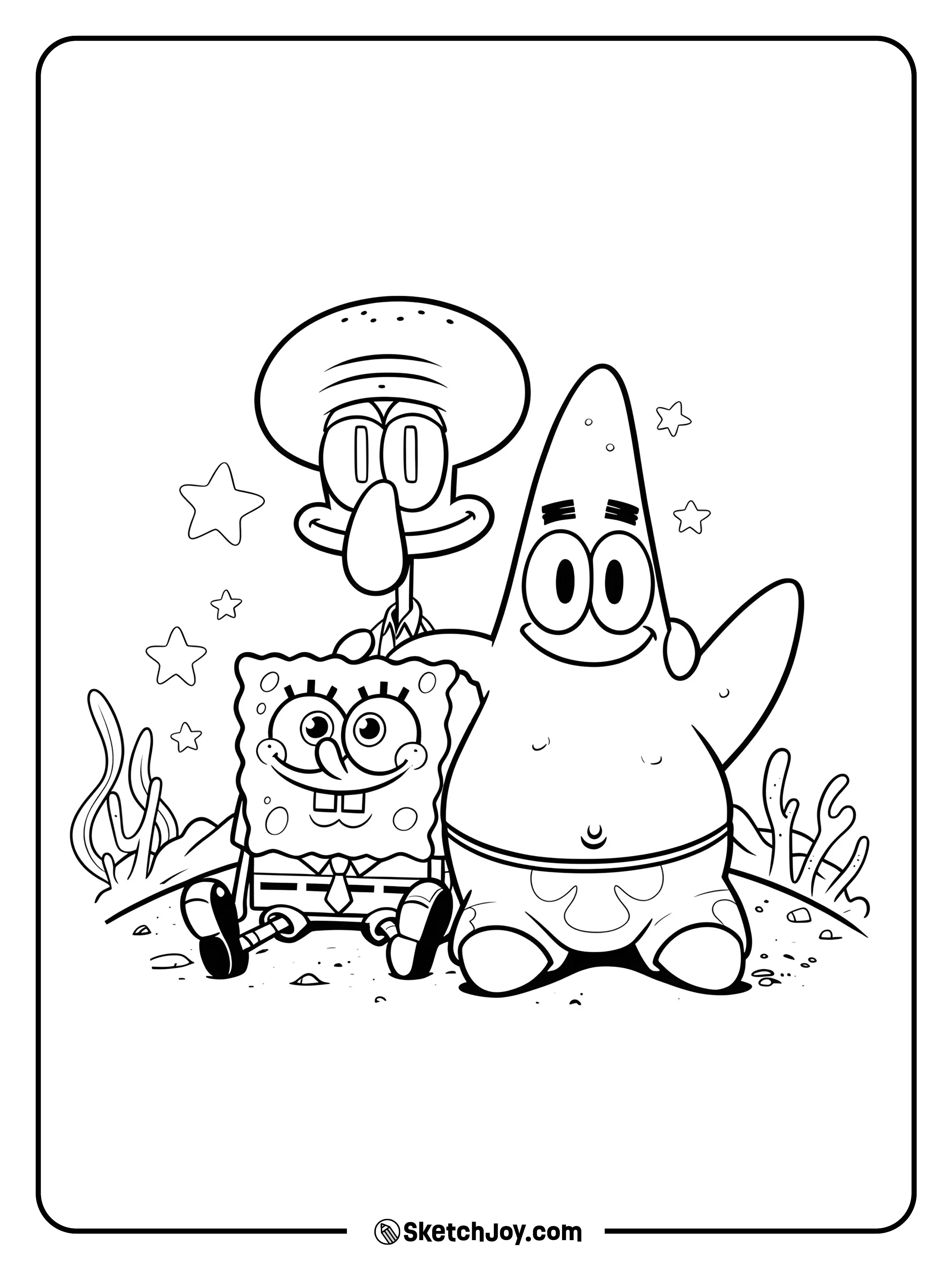 SpongeBob sits on the sand next to Patrick while Squidward stands behind them