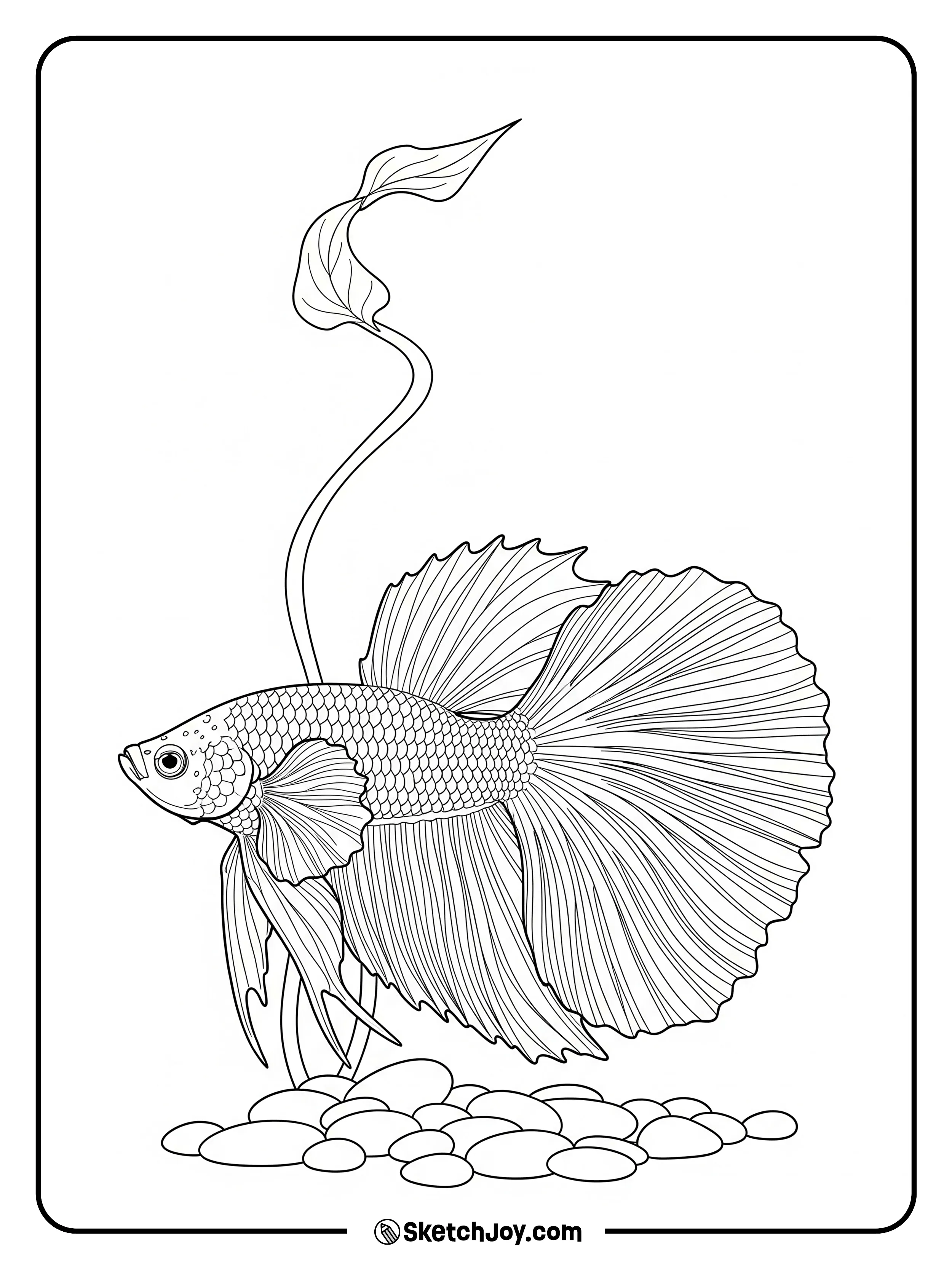 A betta flares its fins above smooth pebbles.