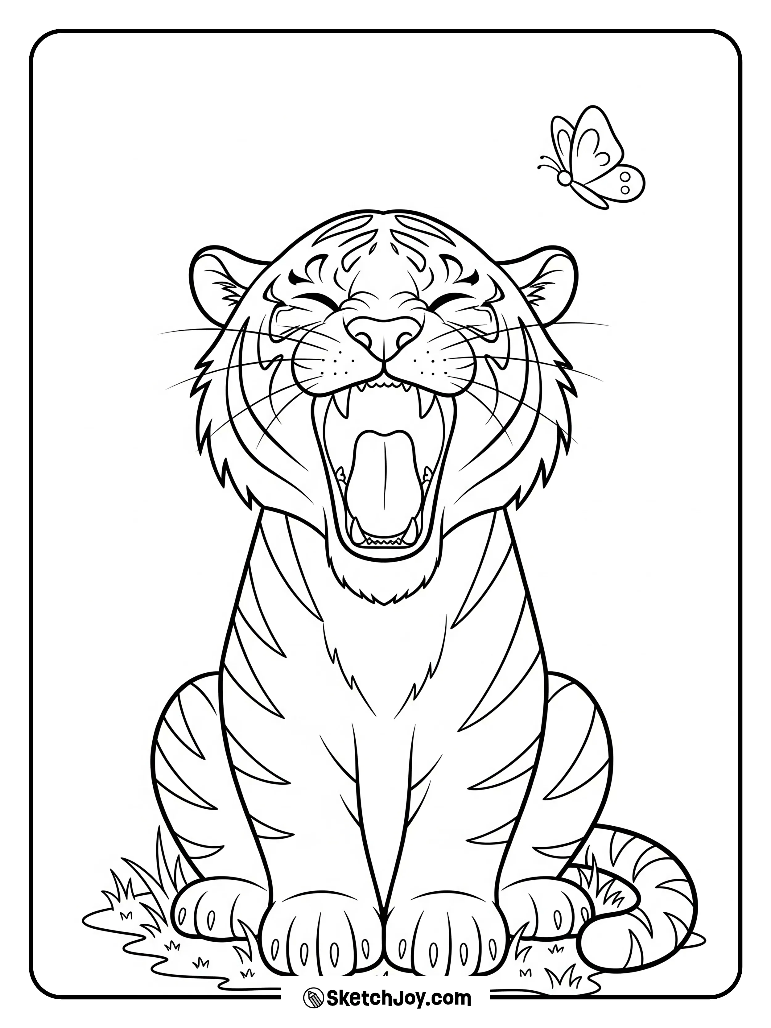 A relaxed tiger sits and yawns wide.