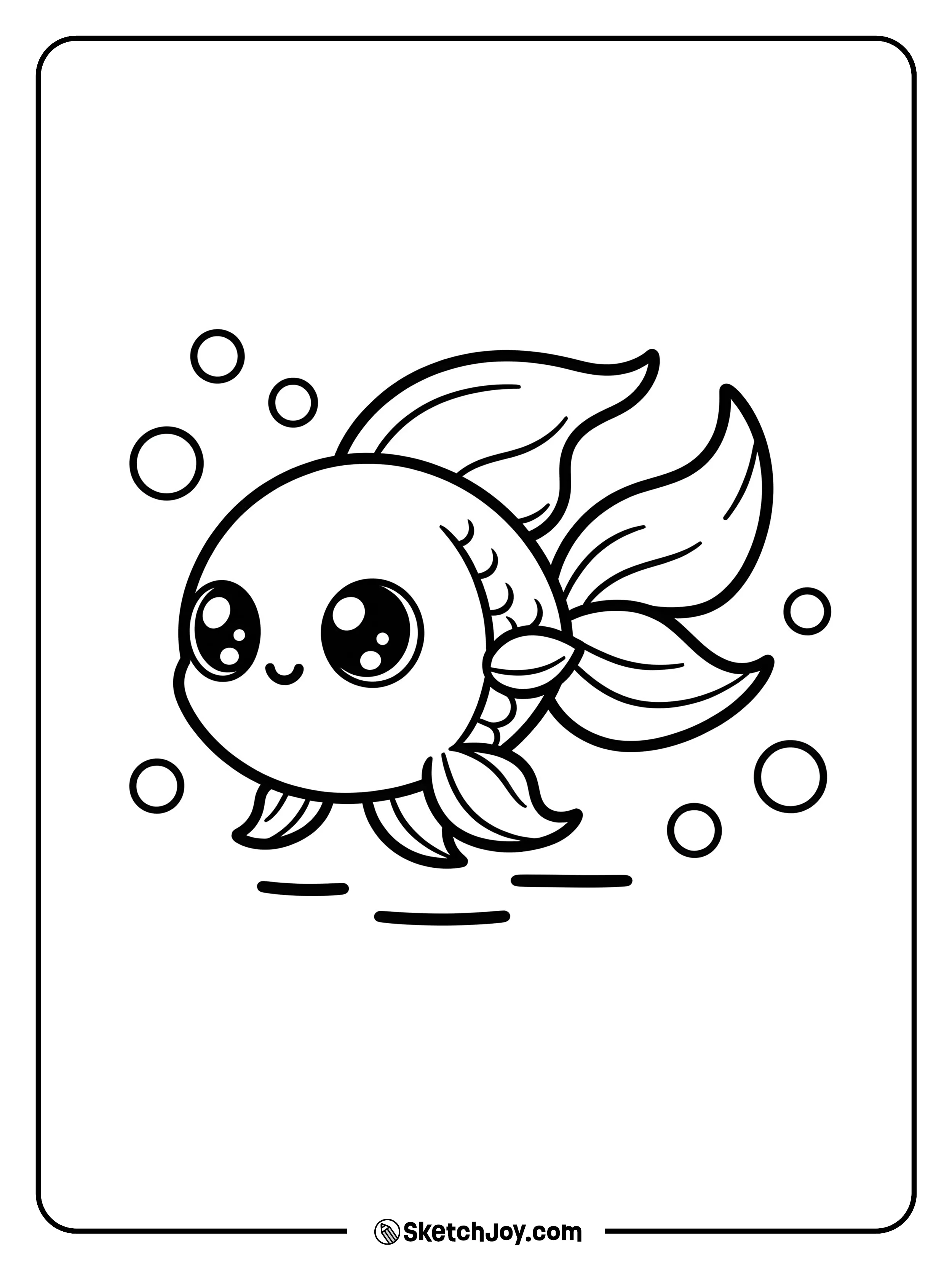 A chibi goldfish with a round body and huge shiny eyes swims forward.