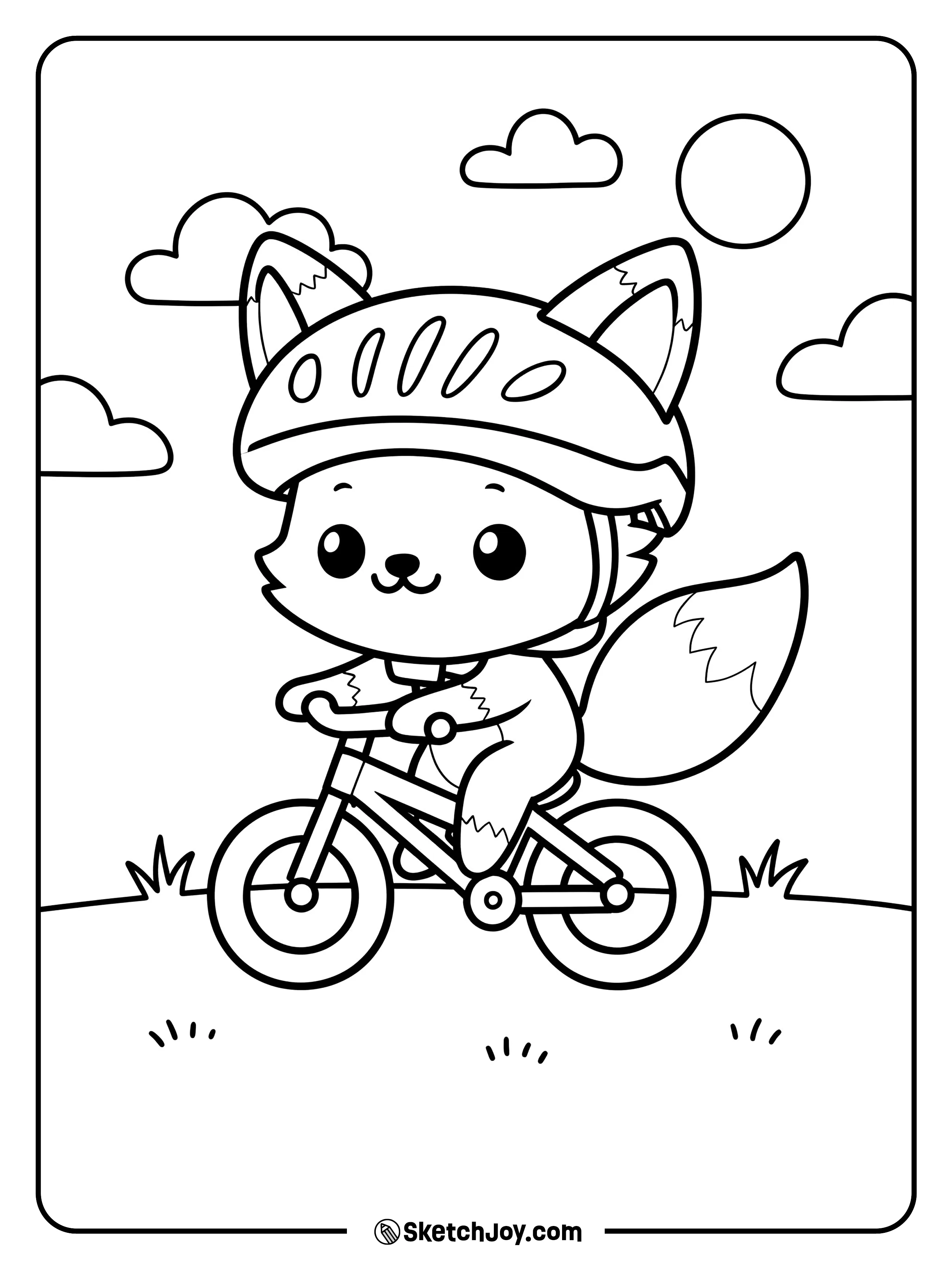 A tiny fox wearing a round helmet pedals a small bike along a gentle path