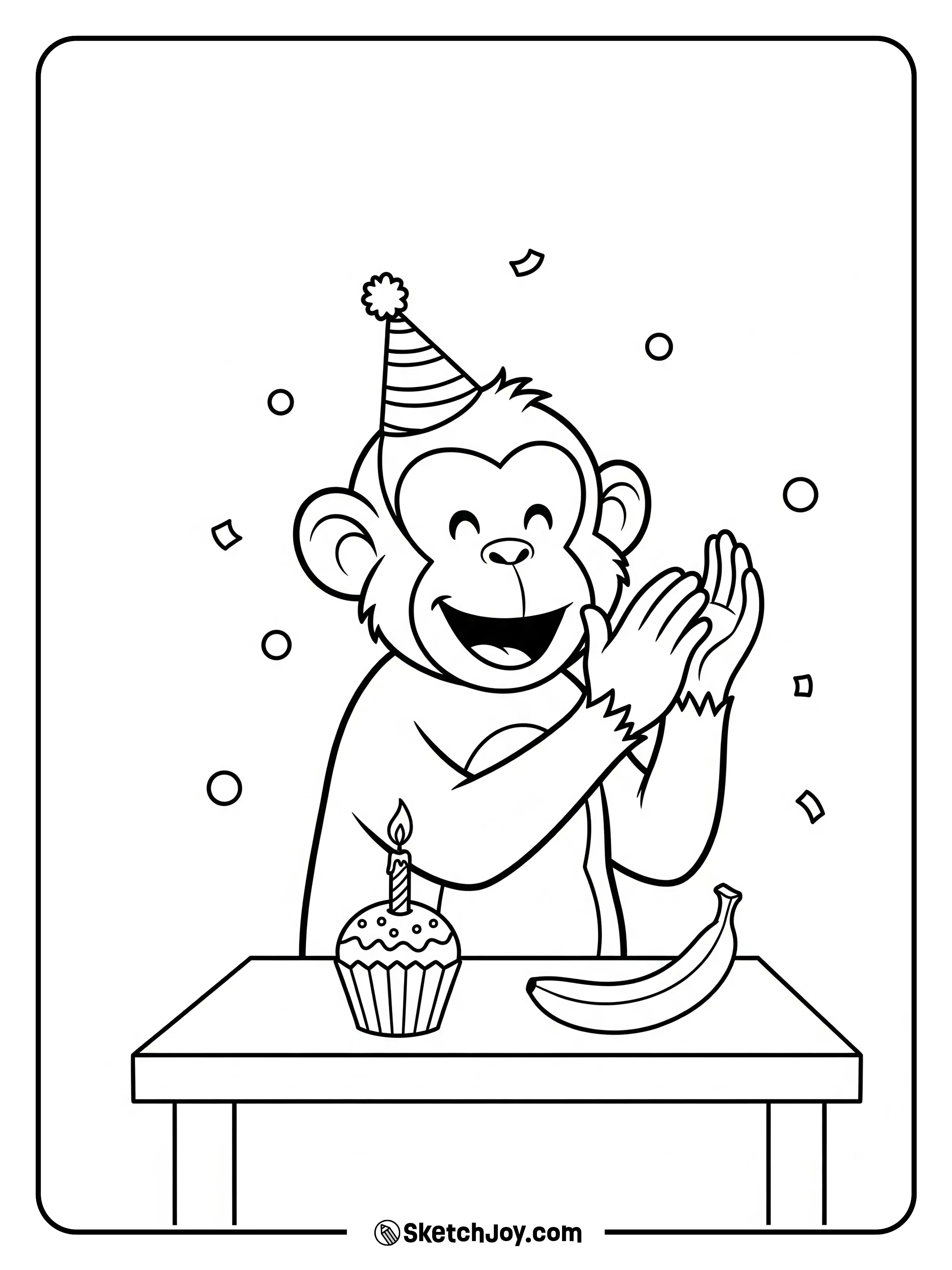 A party hat, a cupcake with one candle, and a banana sit in front of a smiling monkey.