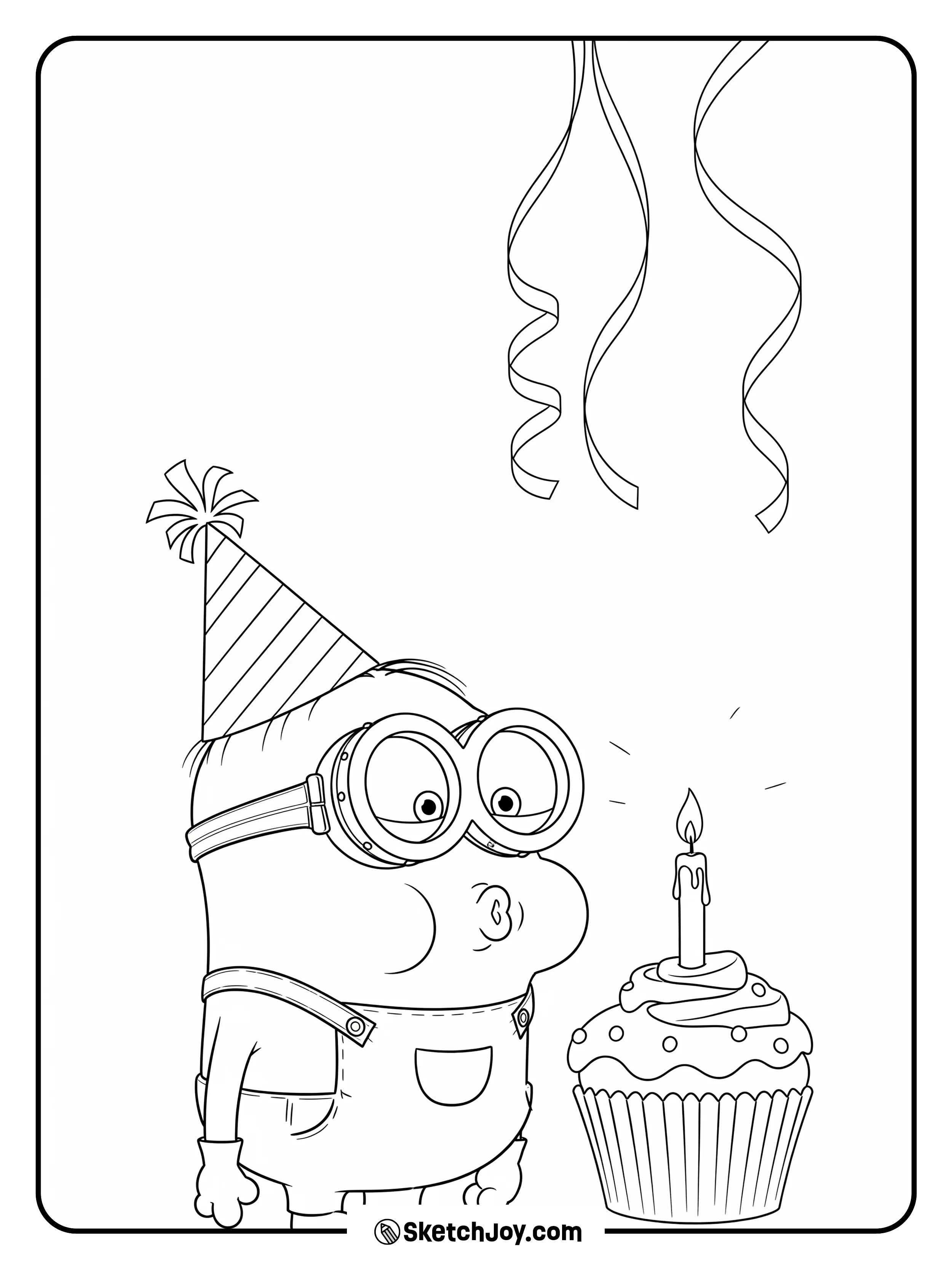 A Minion blows one candle on a cupcake.